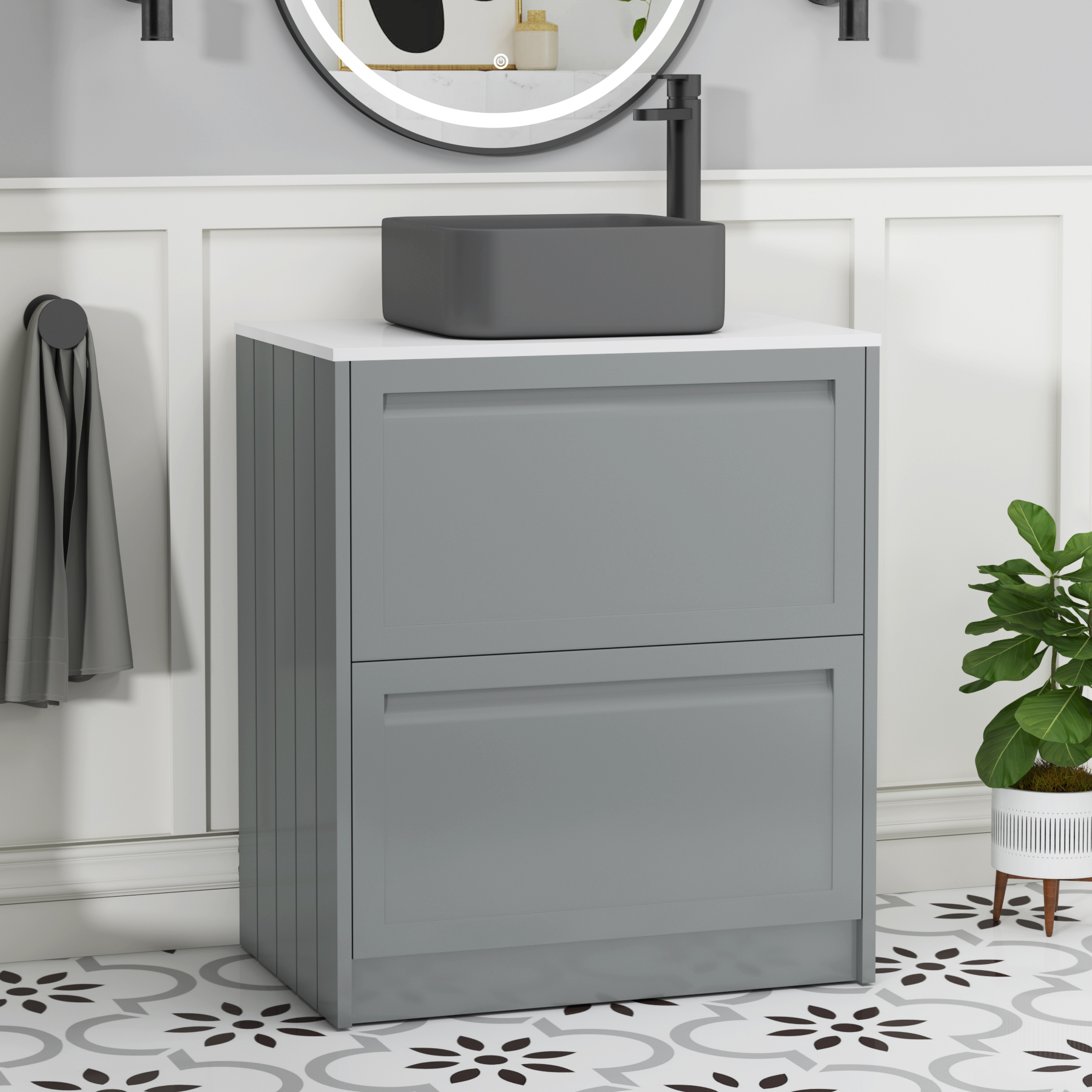 Elmore Matt Pebble Grey 2 Drawer Floor Standing Vanity Unit with Plain White Worktop & Various Countertop Basins