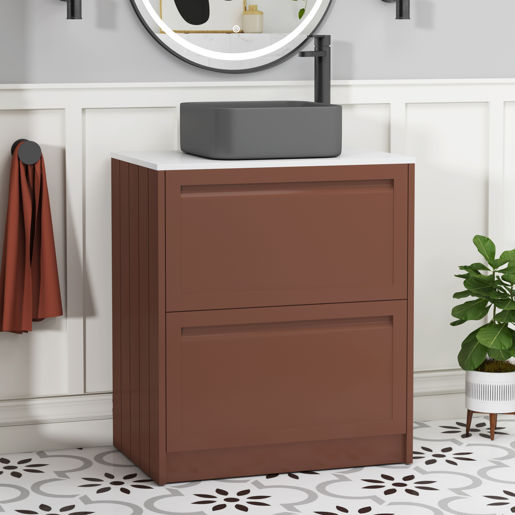 Elmore Terracotta Clay 2 Drawer Floor Standing Vanity Unit with Plain White Worktop & Various Countertop Basins