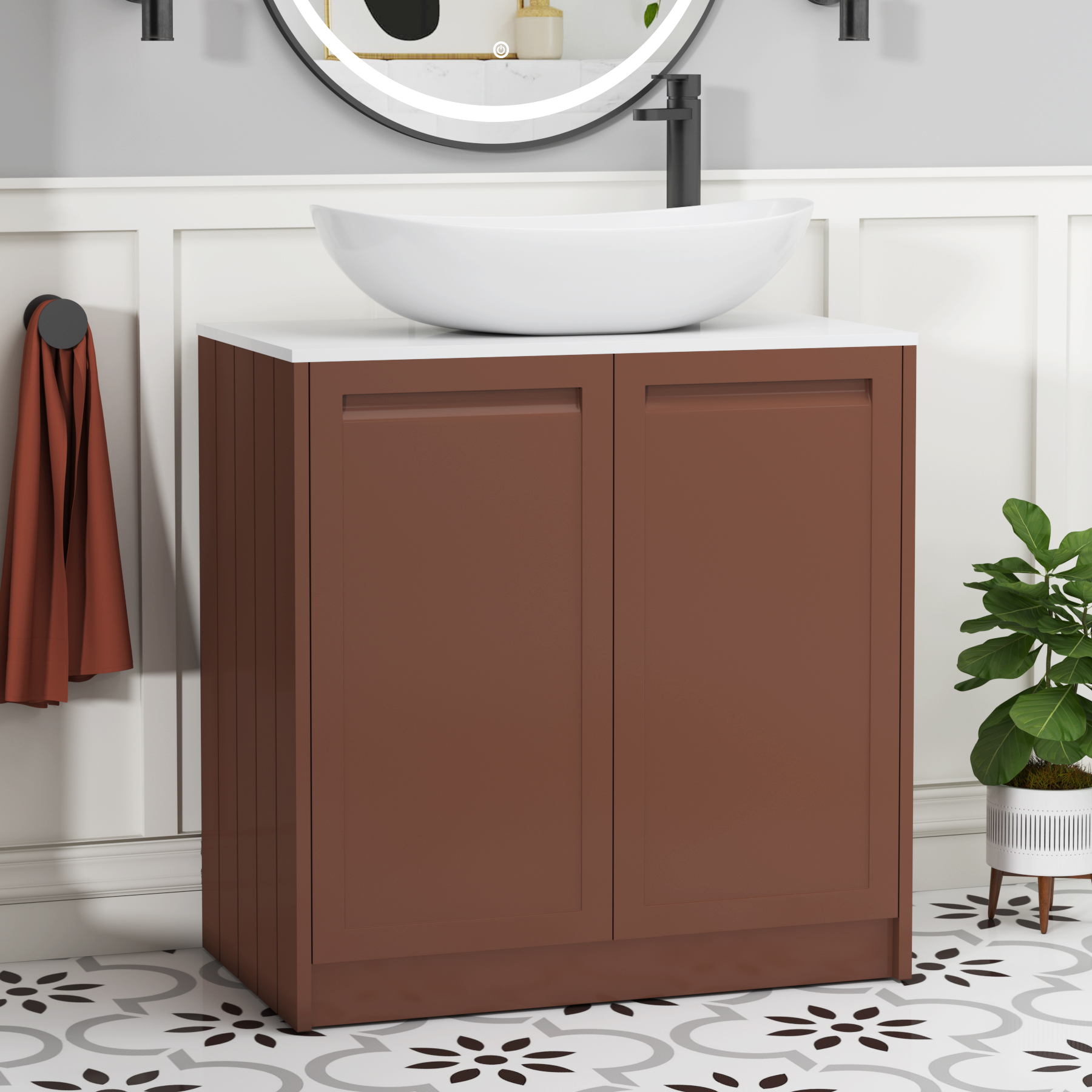 Elmore Terracotta Clay 2 Door Floor Standing Vanity Unit with Plain White Worktop & Various Countertop Basins