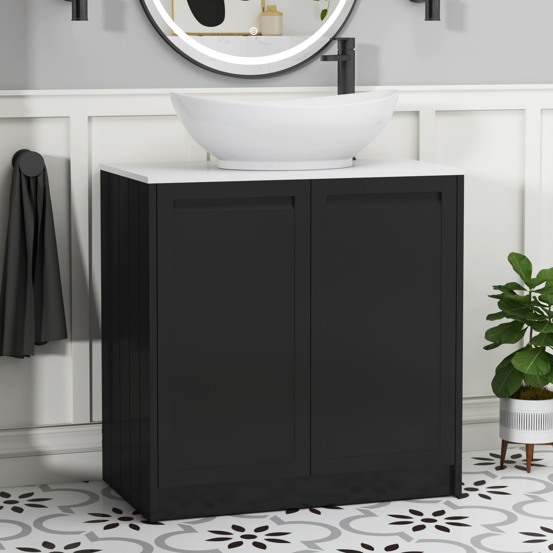 Elmore Matt Nocturne Black 2 Door Floor Standing Vanity Unit with Plain White Worktop & Various Countertop Basins