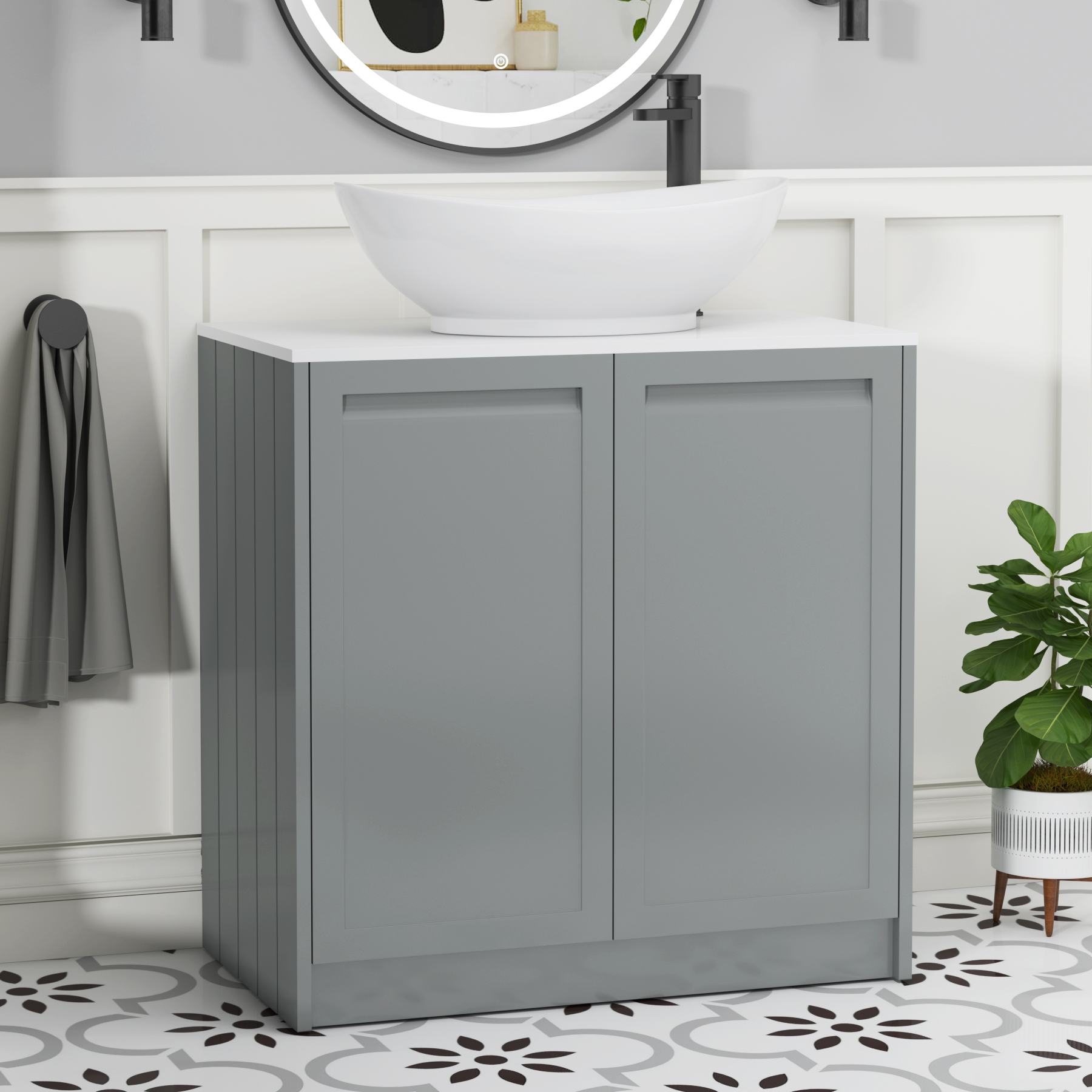 Elmore Matt Pebble Grey 2 Door Floor Standing Vanity Unit with Plain White Worktop & Various Countertop Basins