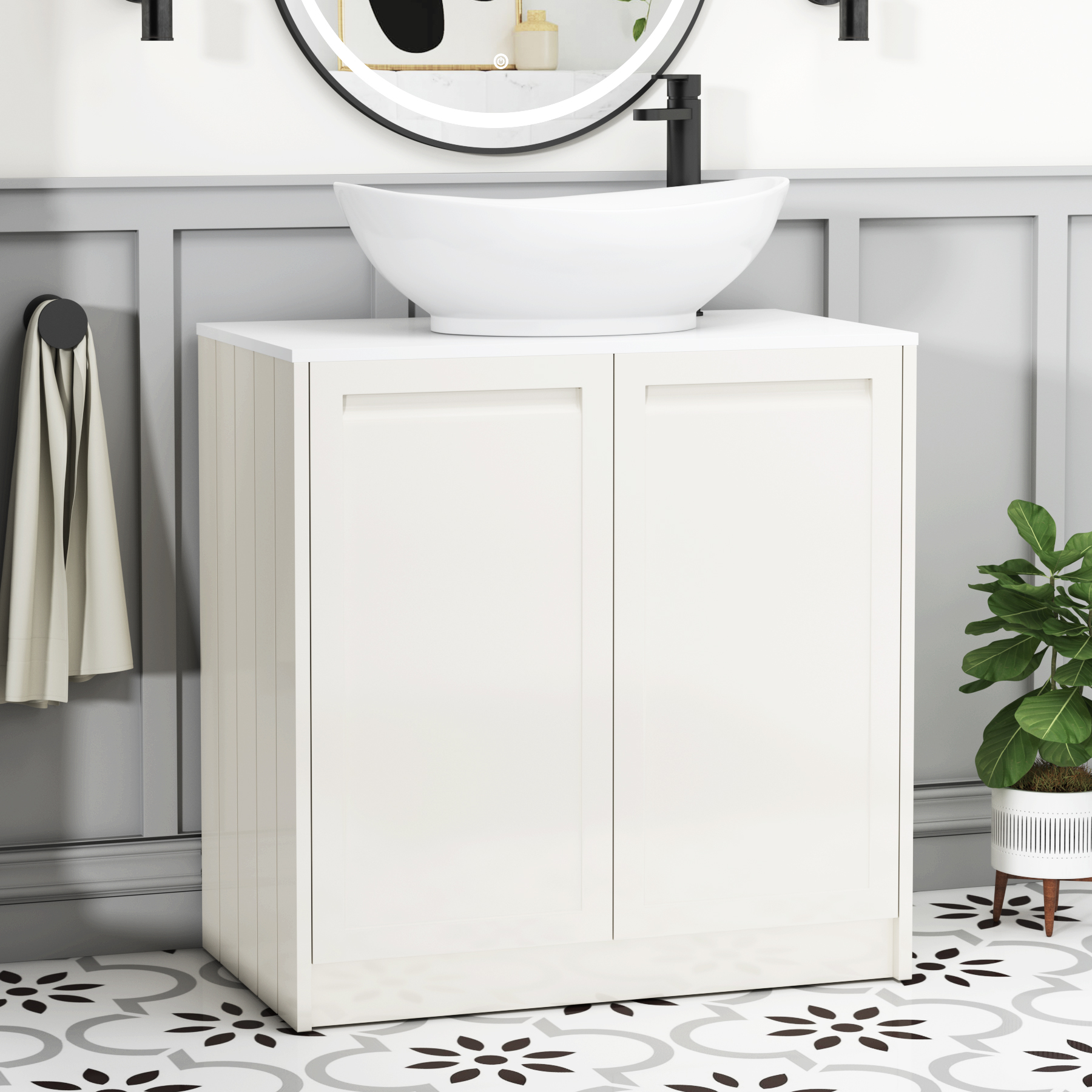 Elmore Classic White 2 Door Floor Standing Vanity Unit with Plain White Worktop & Various Countertop Basins