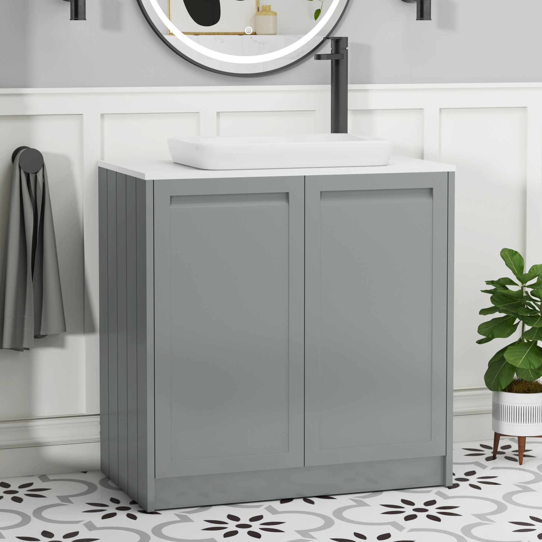 Elmore Matt Pebble Grey 2 Door Floor Standing Vanity Unit with Plain White Worktop & Various Countertop Basins