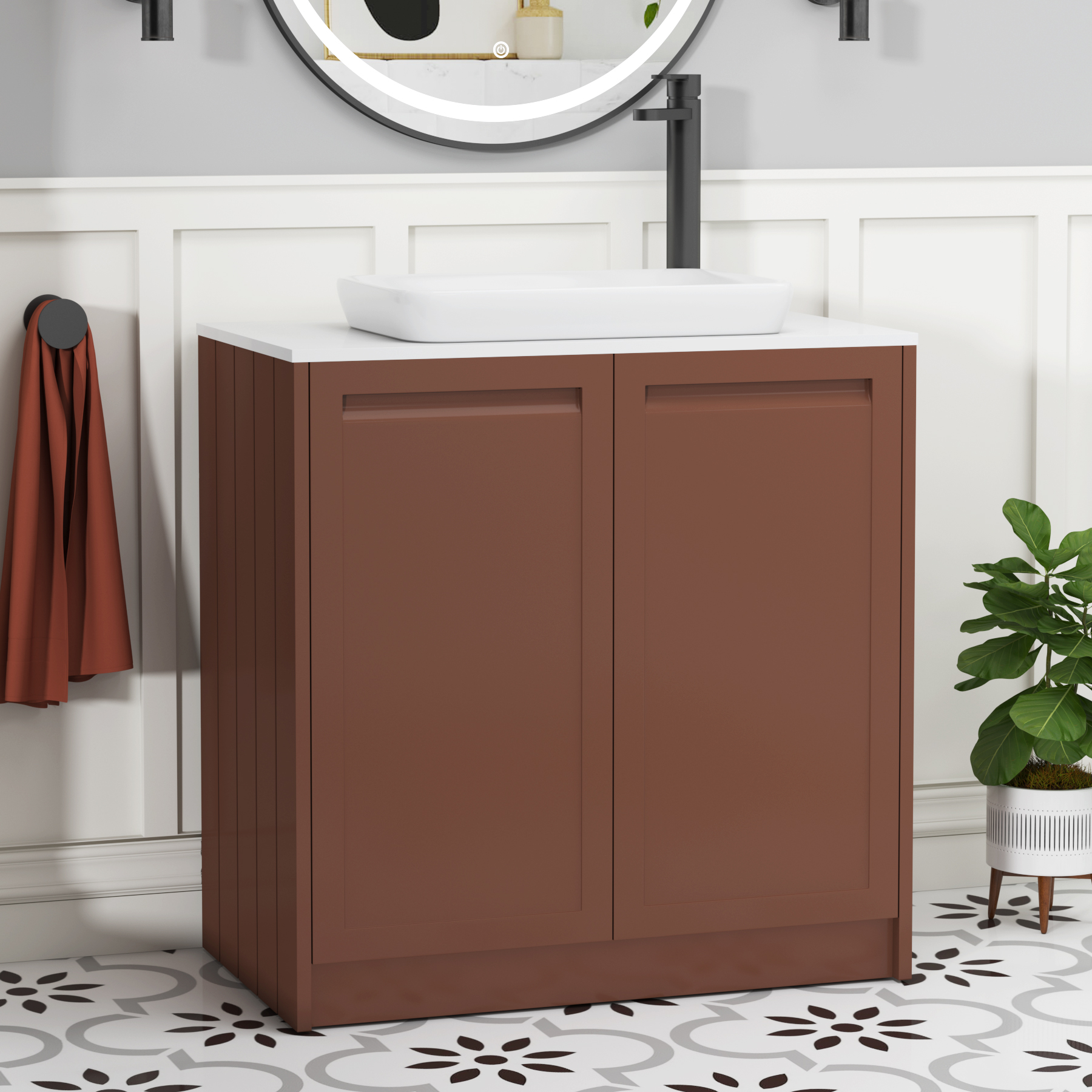 Elmore Terracotta Clay 2 Door Floor Standing Vanity Unit with Plain White Worktop & Various Countertop Basins