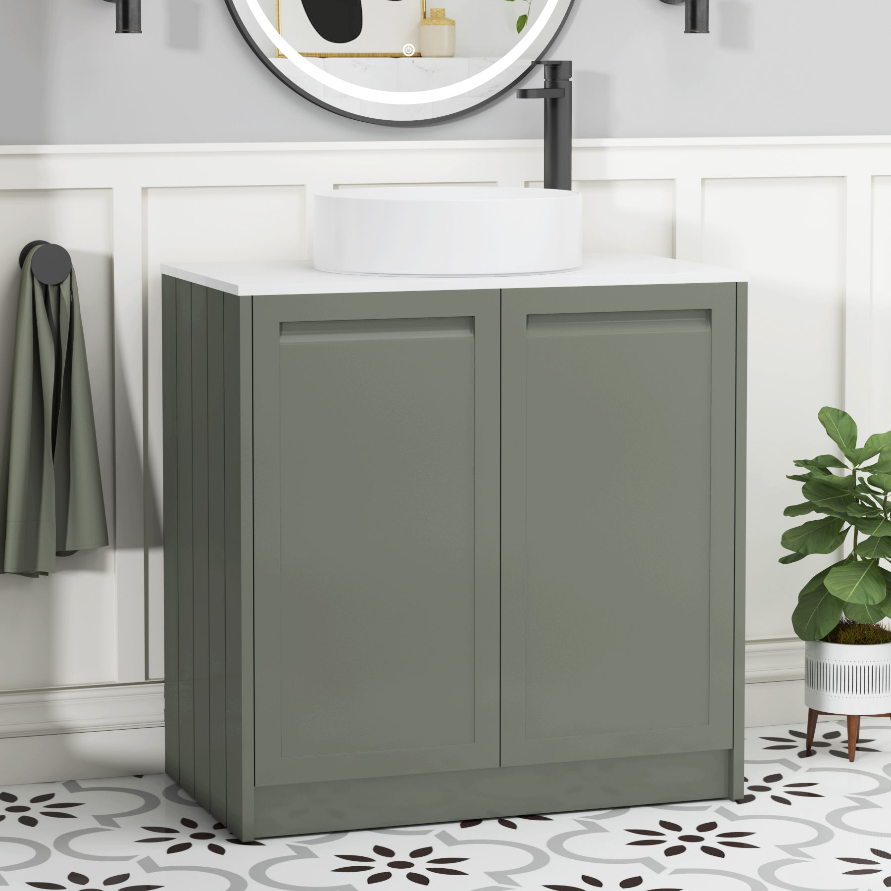 Elmore Matt Green 2 Door Floor Standing Vanity Unit with Plain White Worktop & Various Countertop Basins