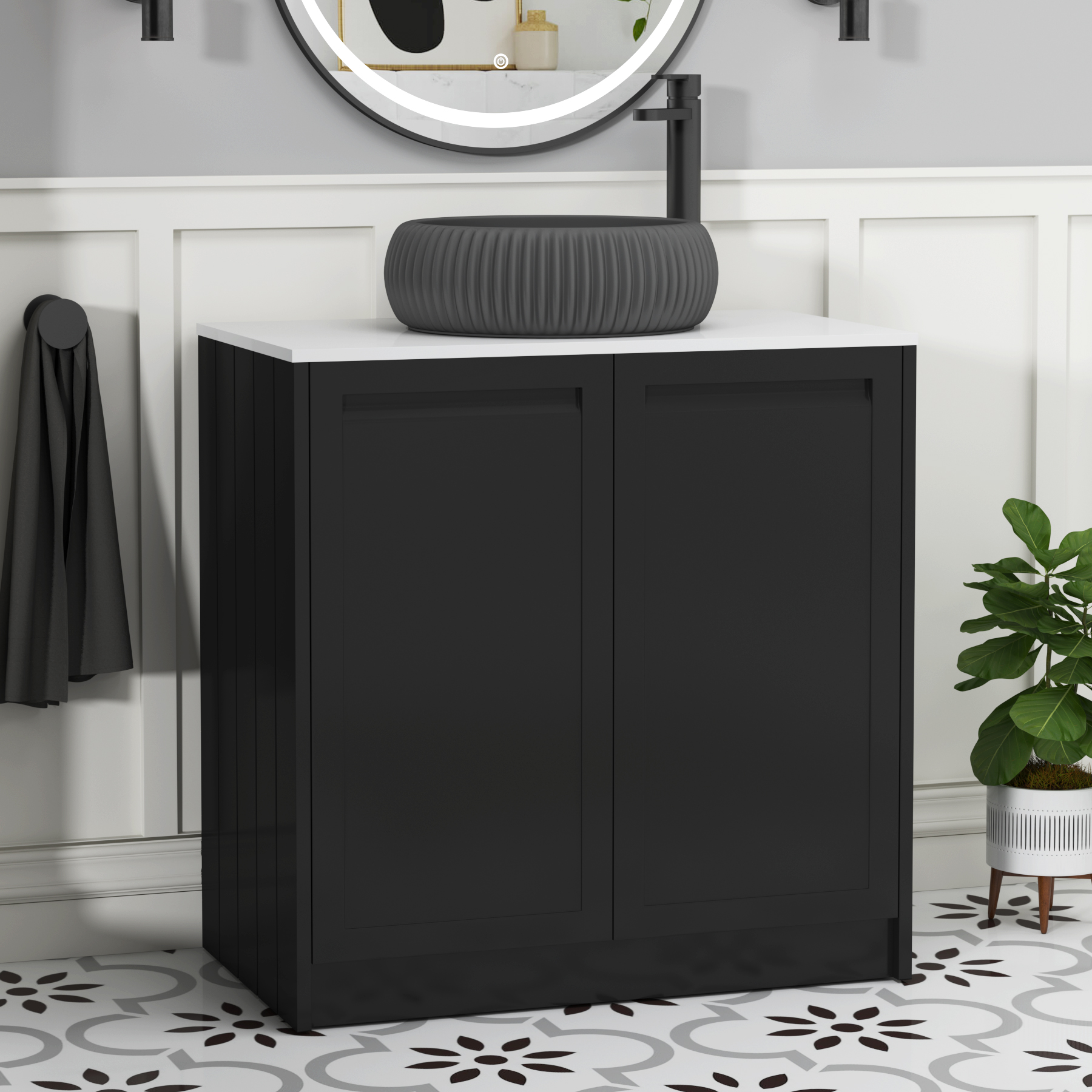 Elmore Matt Nocturne Black 2 Door Floor Standing Vanity Unit with Plain White Worktop & Various Countertop Basins