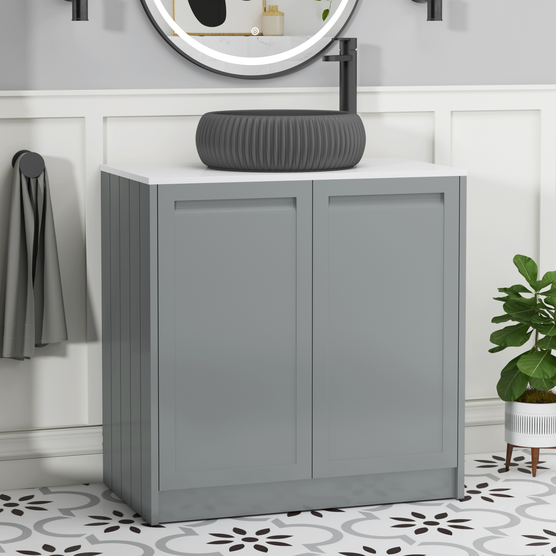 Elmore Matt Pebble Grey 2 Door Floor Standing Vanity Unit with Plain White Worktop & Various Countertop Basins