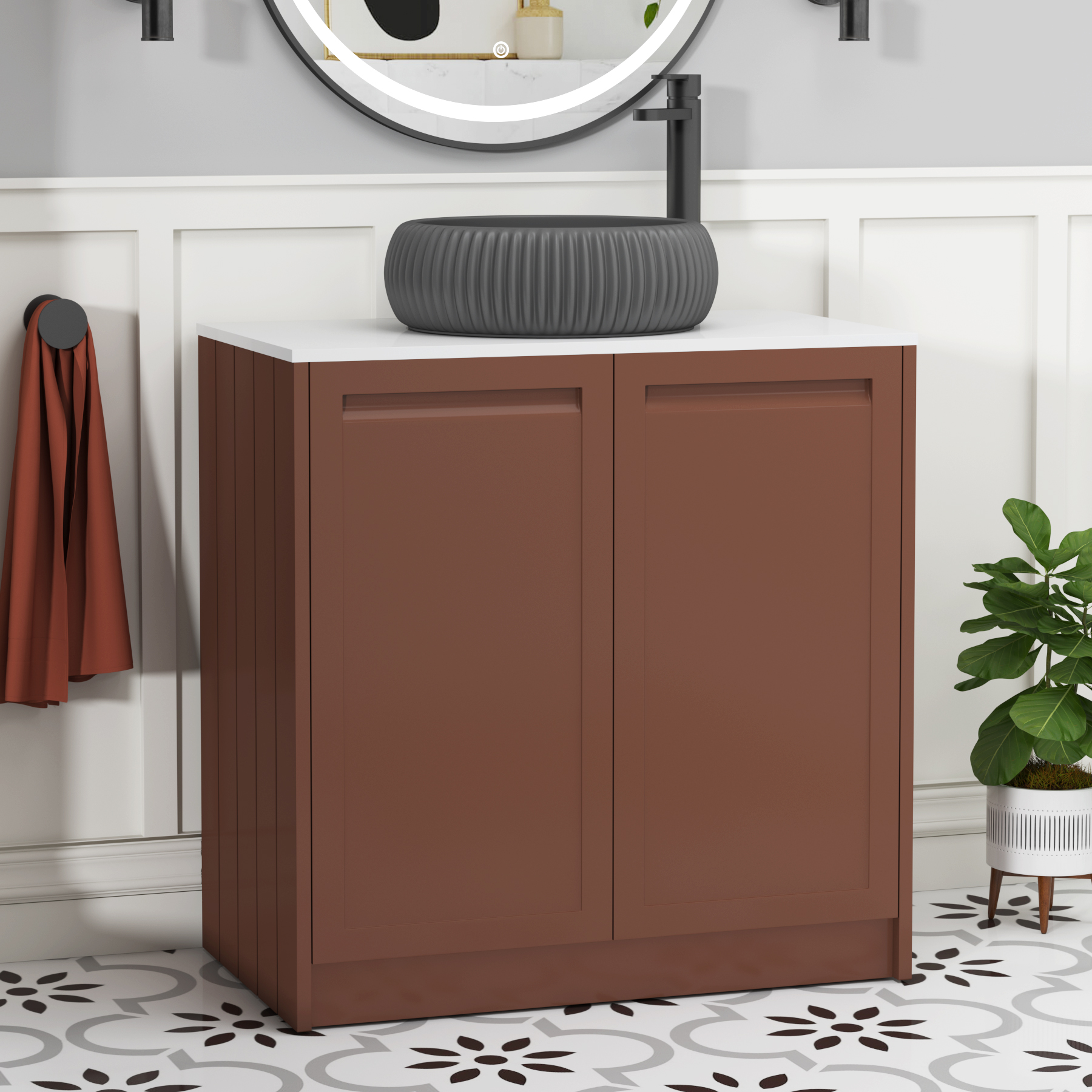 Elmore Terracotta Clay 2 Door Floor Standing Vanity Unit with Plain White Worktop & Various Countertop Basins