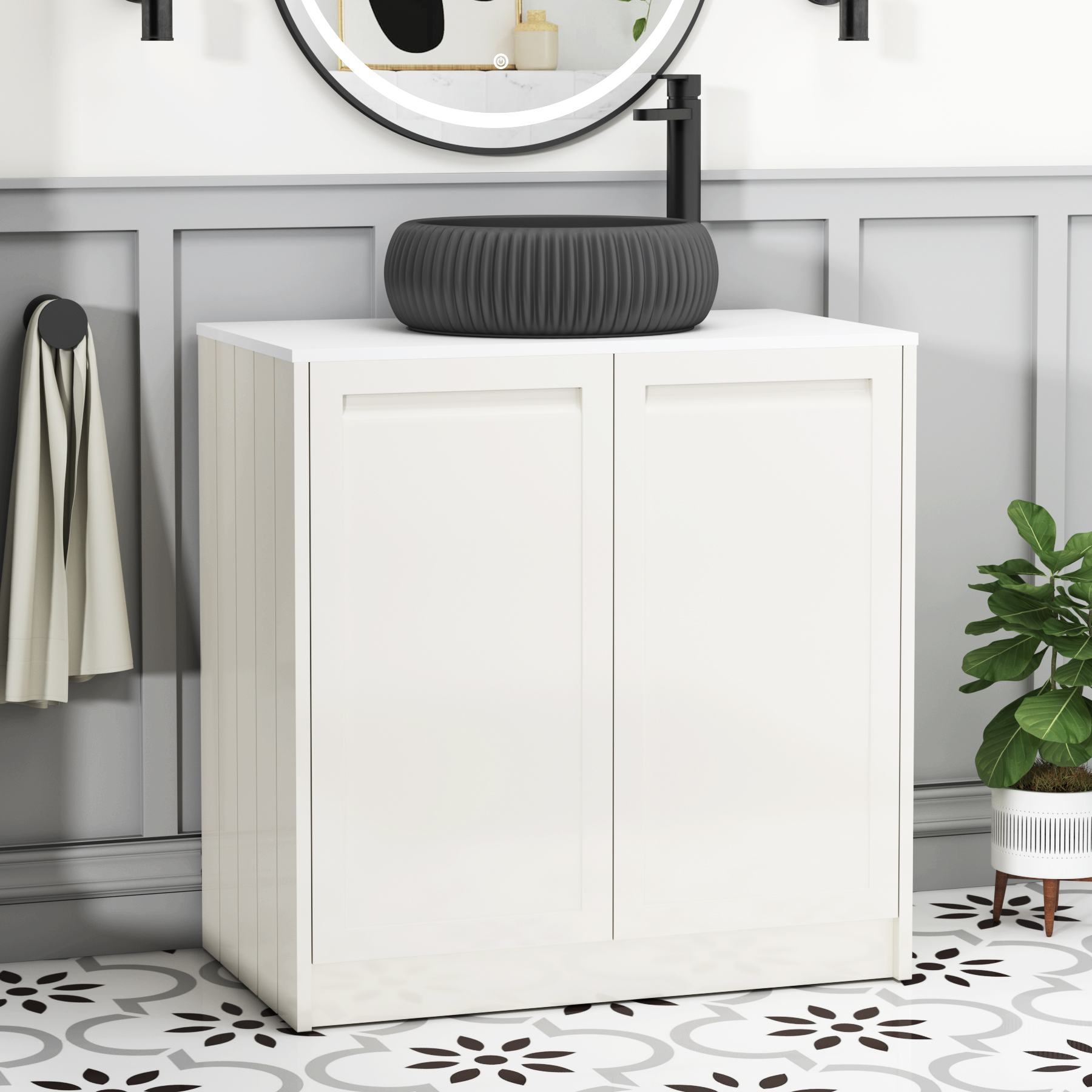 Elmore Classic White 2 Door Floor Standing Vanity Unit with Plain White Worktop & Various Countertop Basins