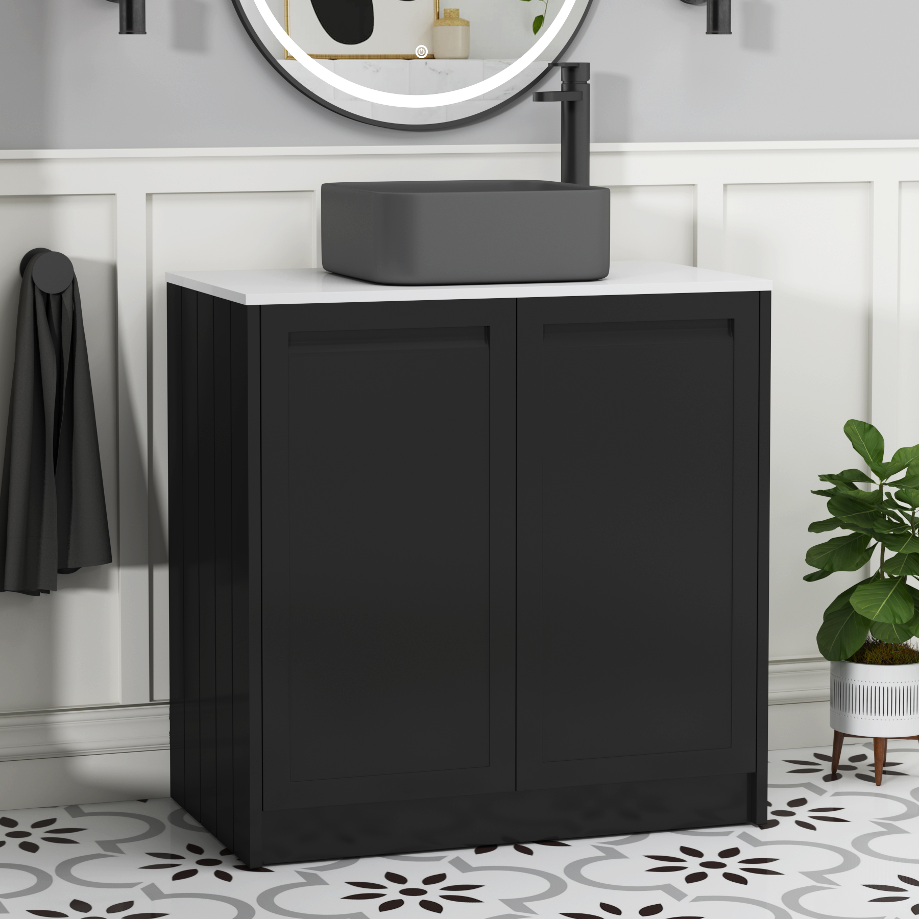 Elmore Matt Nocturne Black 2 Door Floor Standing Vanity Unit with Plain White Worktop & Various Countertop Basins