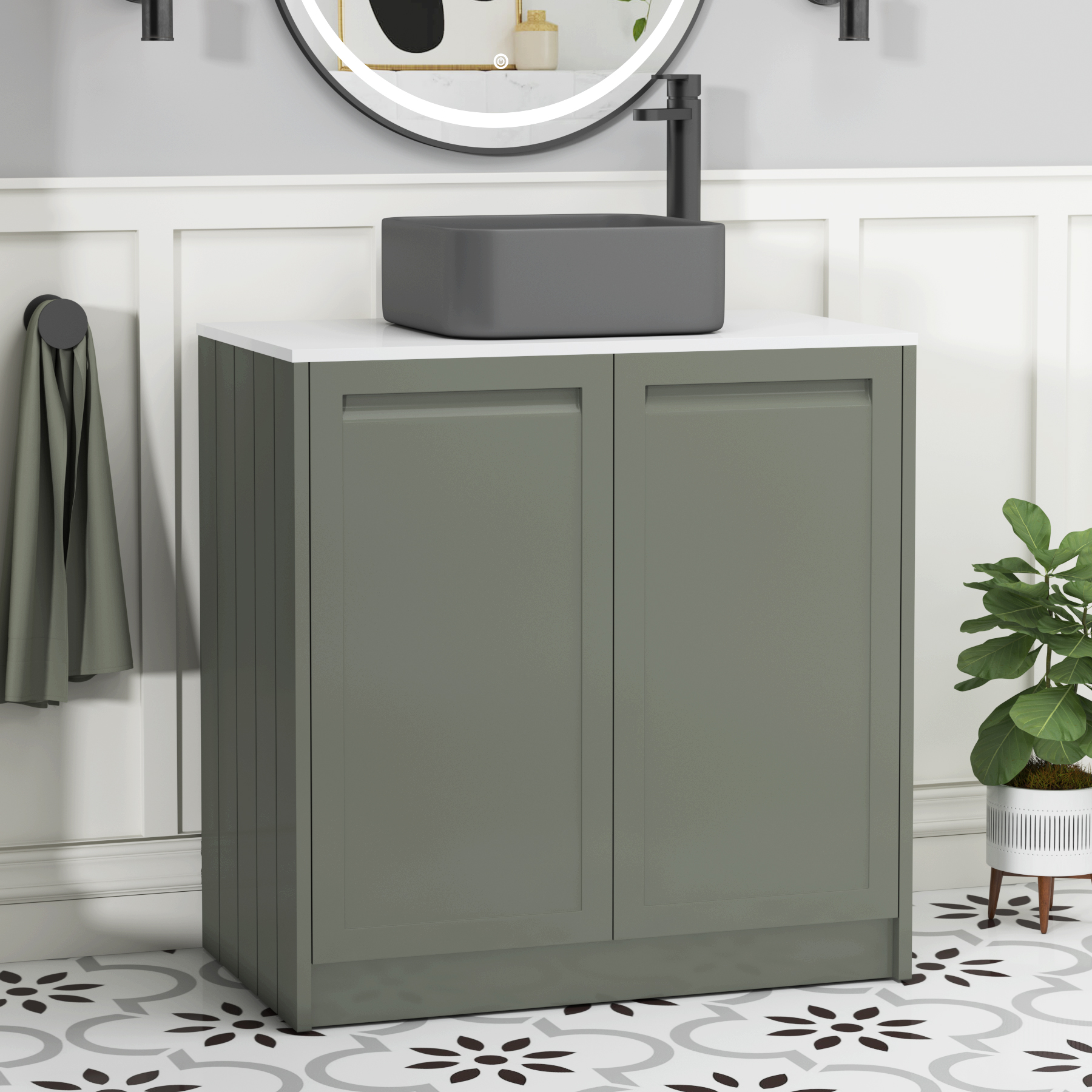 Elmore Matt Green 2 Door Floor Standing Vanity Unit with Plain White Worktop & Various Countertop Basins