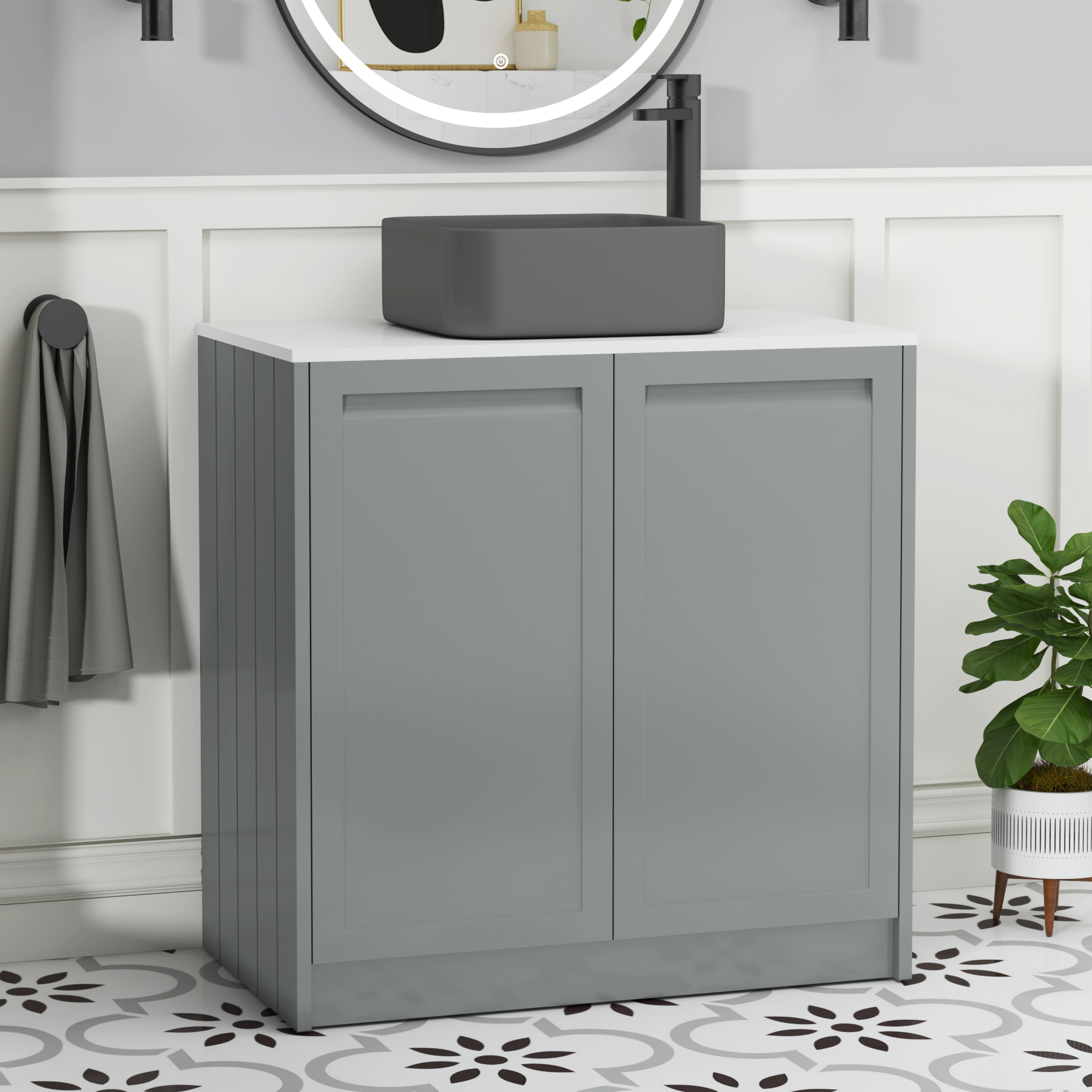 Elmore Matt Pebble Grey 2 Door Floor Standing Vanity Unit with Plain White Worktop & Various Countertop Basins