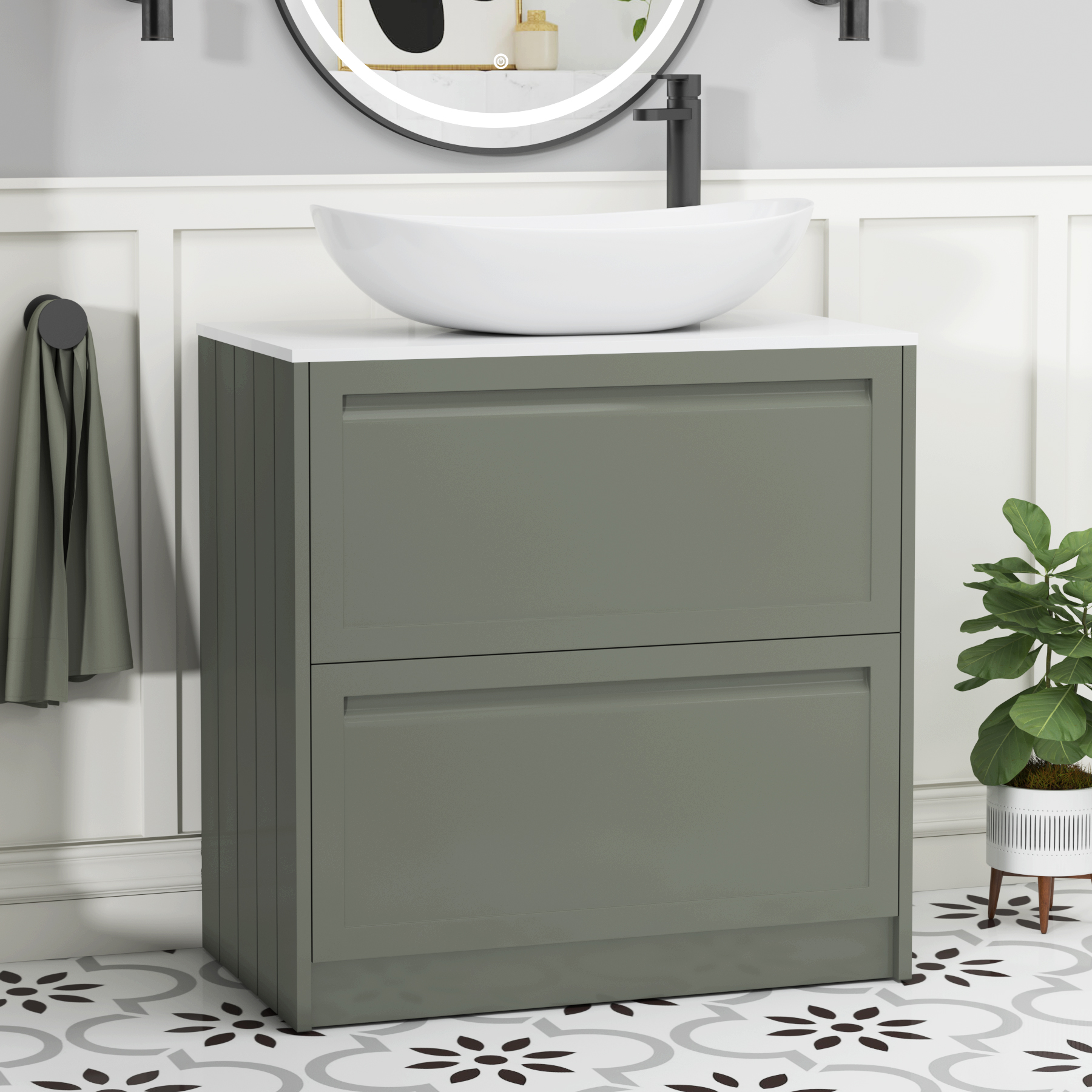 Elmore Matt Green 2 Drawer Floor Standing Vanity Unit with Plain White Worktop & Various Countertop Basins