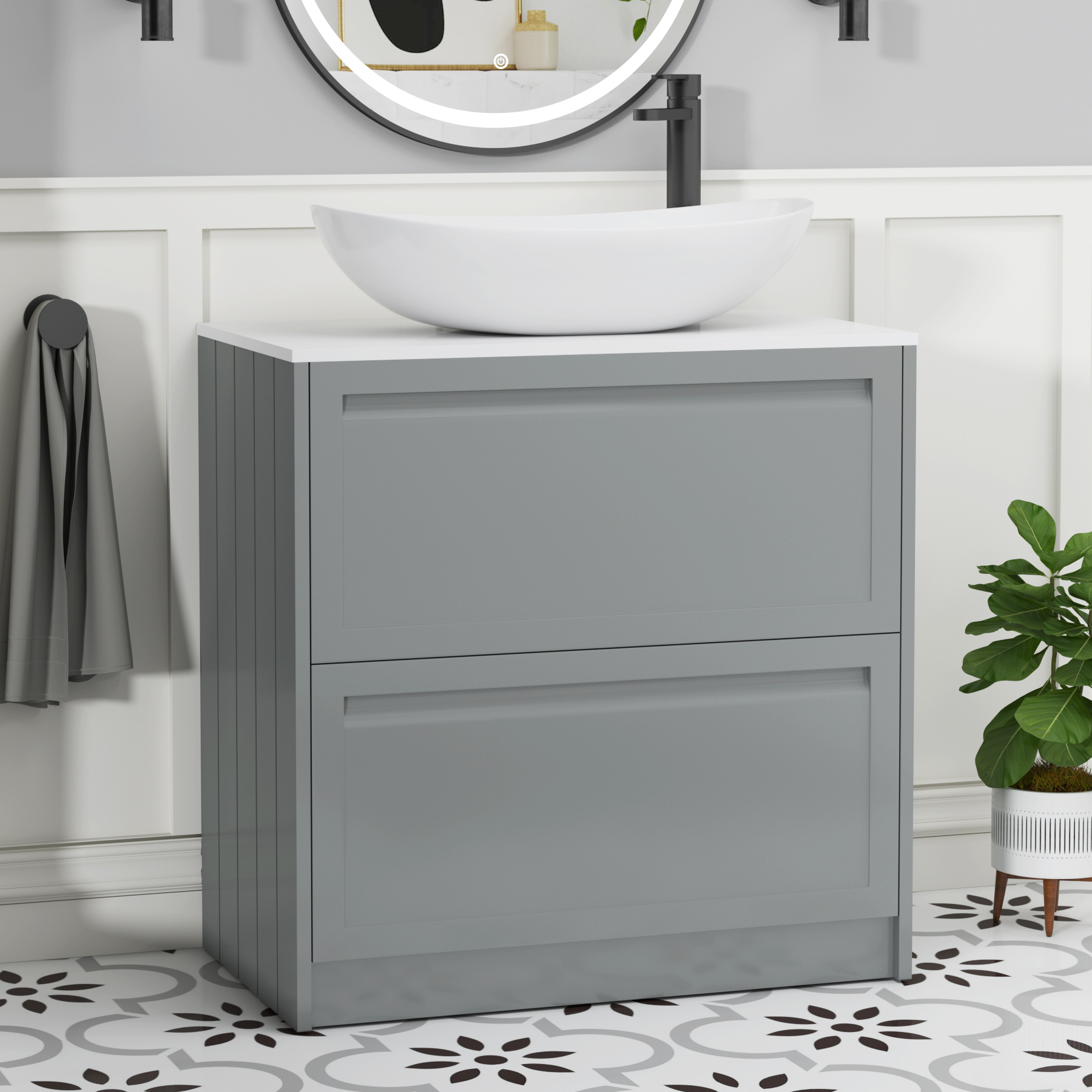 Elmore Matt Pebble Grey 2 Drawer Floor Standing Vanity Unit with Plain White Worktop & Various Countertop Basins