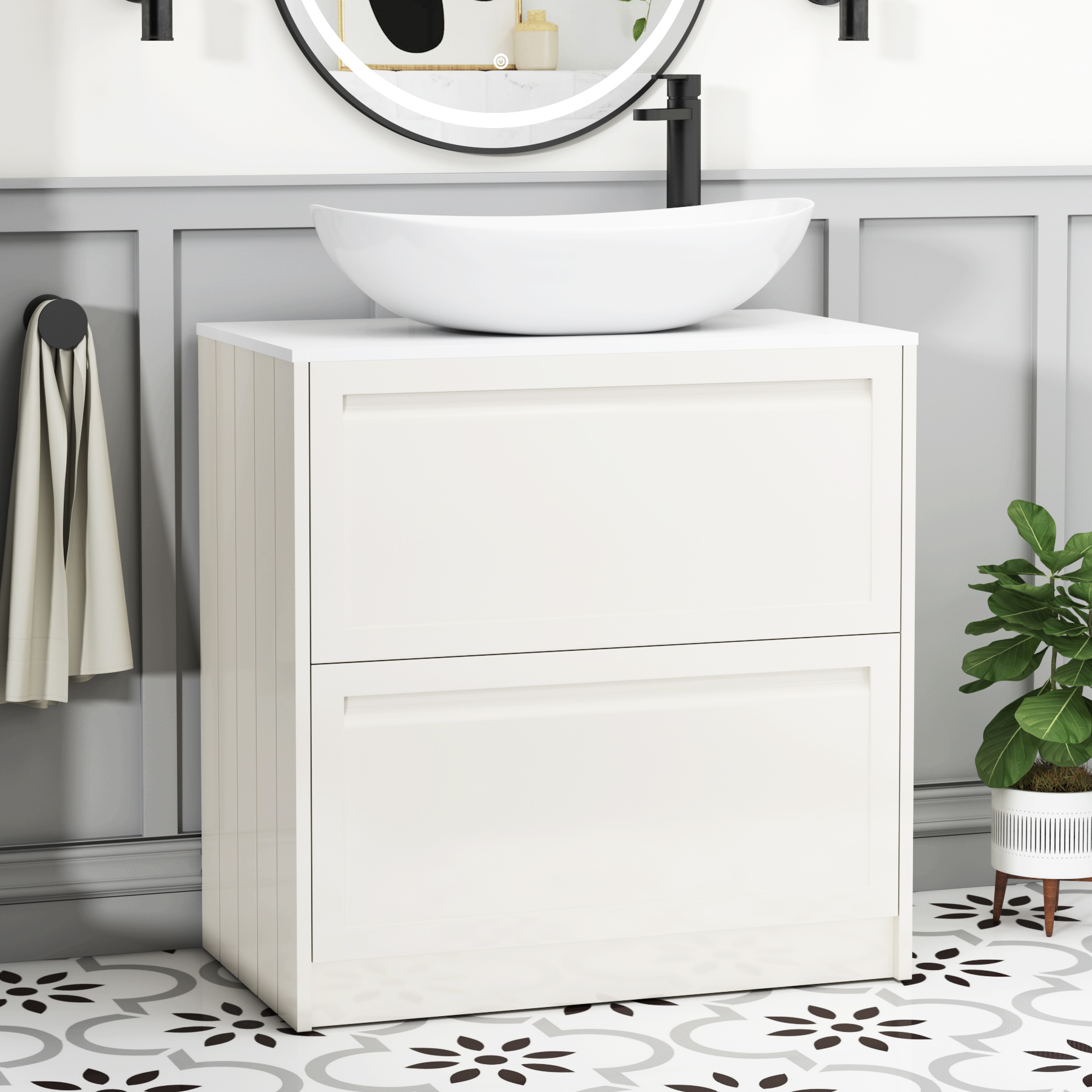 Elmore Classic White 2 Drawer Floor Standing Vanity Unit with Plain White Worktop & Various Countertop Basins