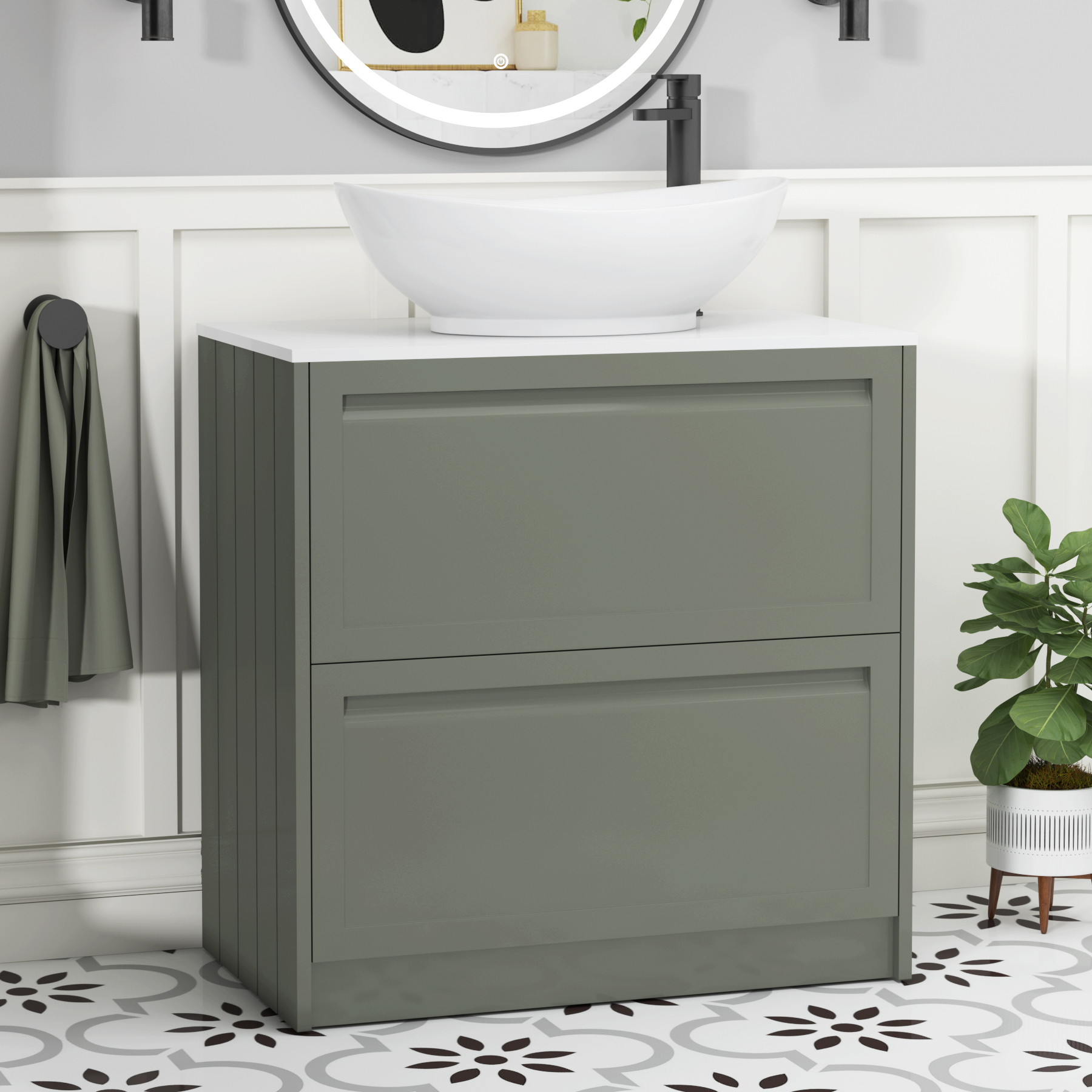 Elmore Matt Green 2 Drawer Floor Standing Vanity Unit with Plain White Worktop & Various Countertop Basins