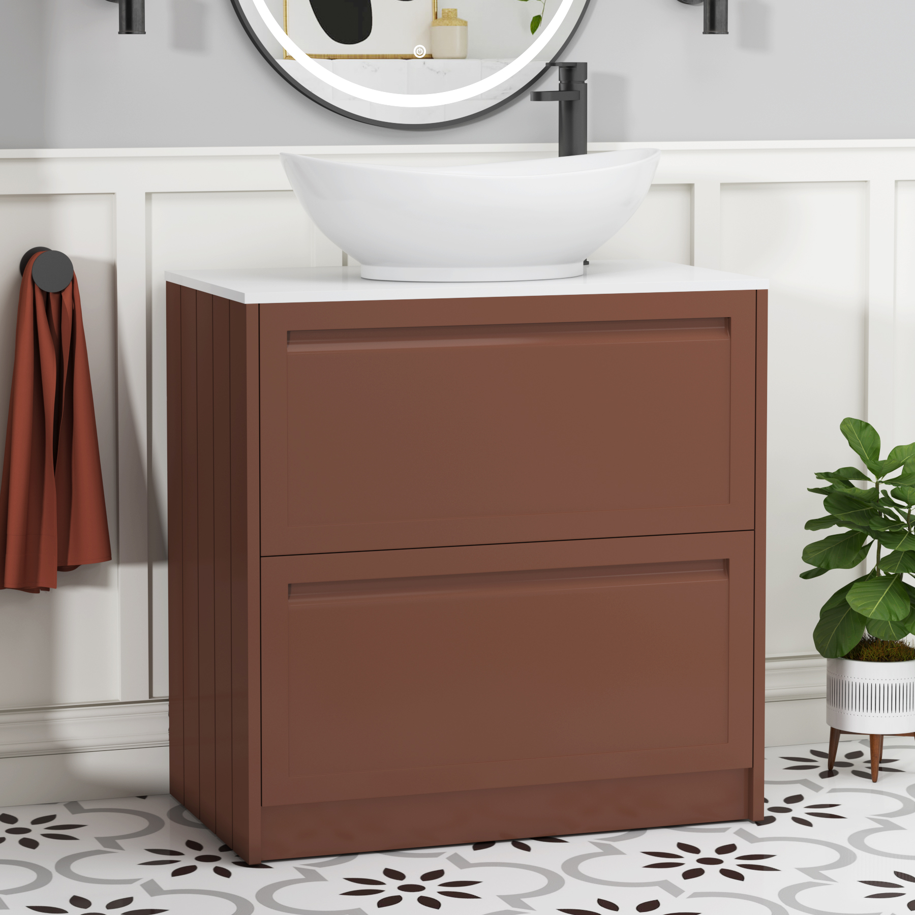 Elmore Terracotta Clay 2 Drawer Floor Standing Vanity Unit with Plain White Worktop & Various Countertop Basins