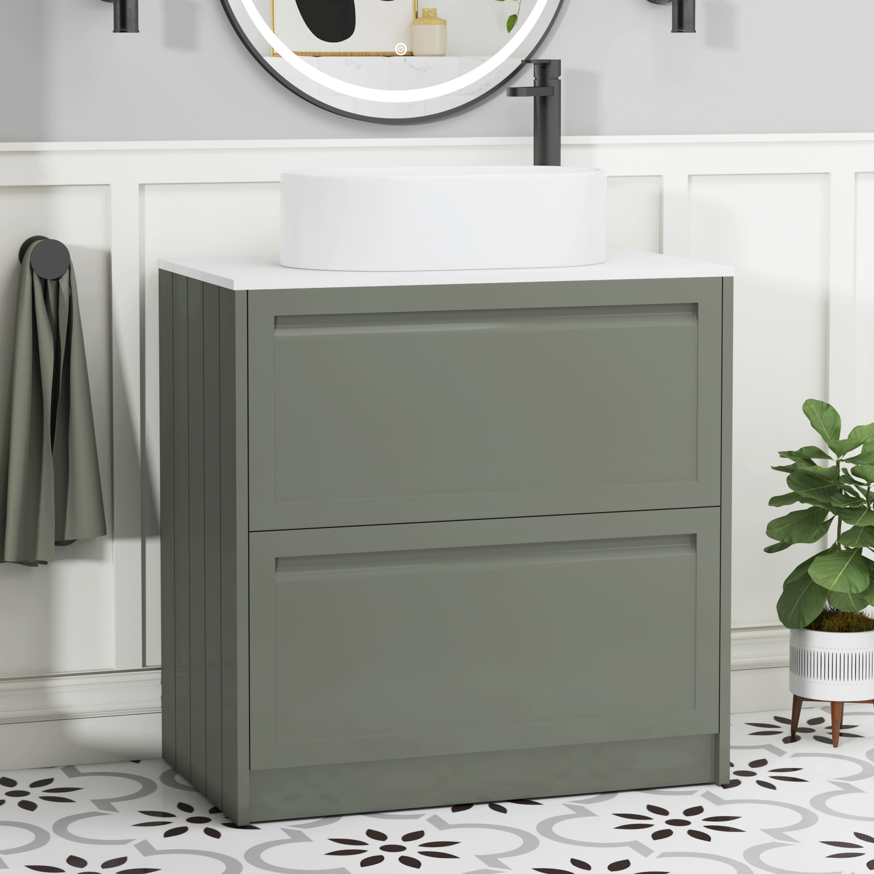 Elmore Matt Green 2 Drawer Floor Standing Vanity Unit with Plain White Worktop & Various Countertop Basins