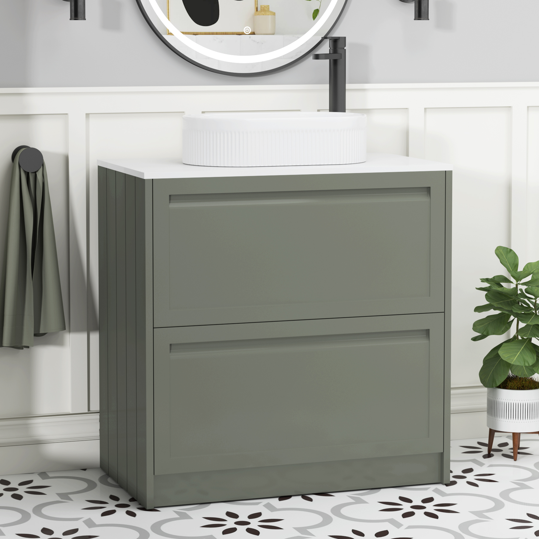 Elmore Matt Green 2 Drawer Floor Standing Vanity Unit with Plain White Worktop & Various Countertop Basins