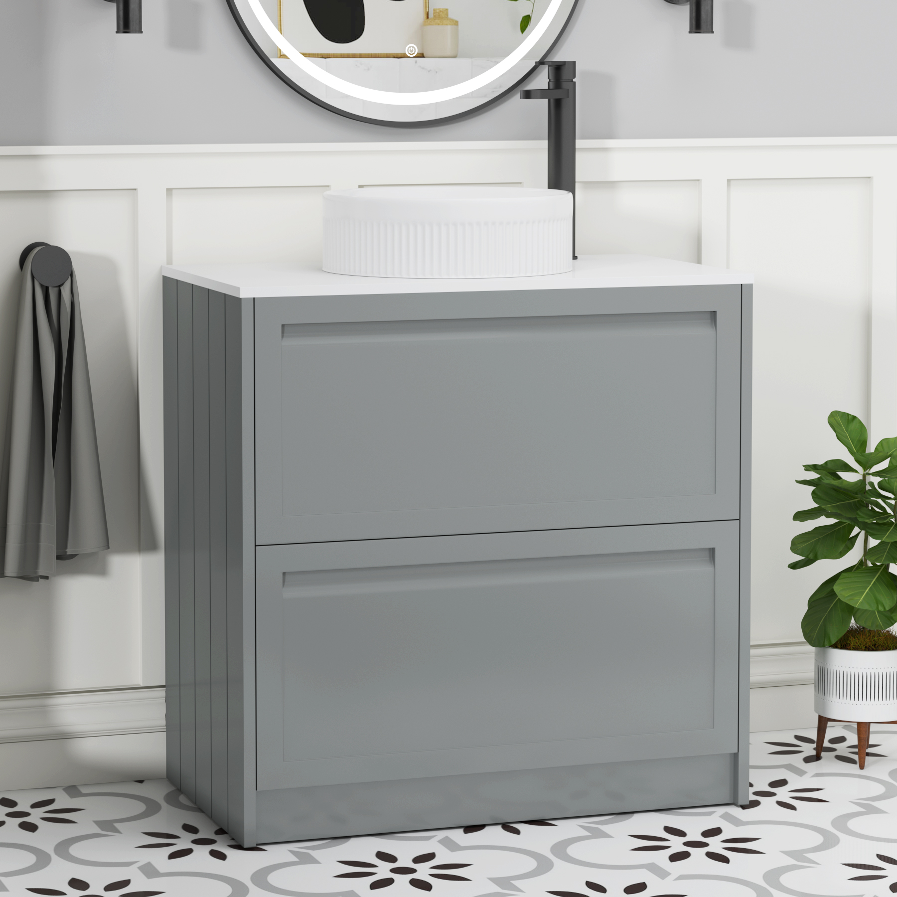 Elmore Matt Pebble Grey 2 Drawer Floor Standing Vanity Unit with Plain White Worktop & Various Countertop Basins