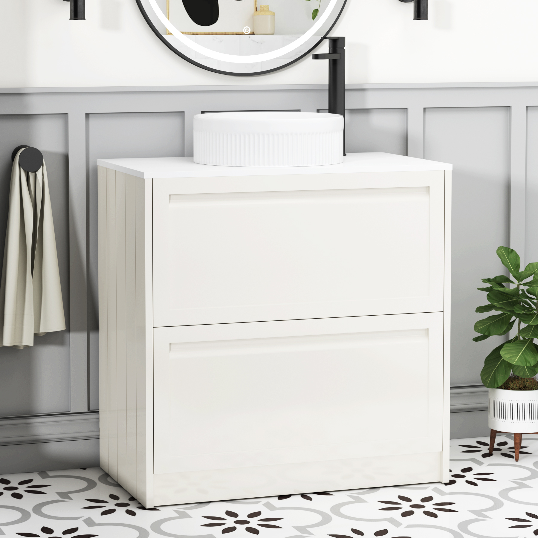 Elmore Classic White 2 Drawer Floor Standing Vanity Unit with Plain White Worktop & Various Countertop Basins
