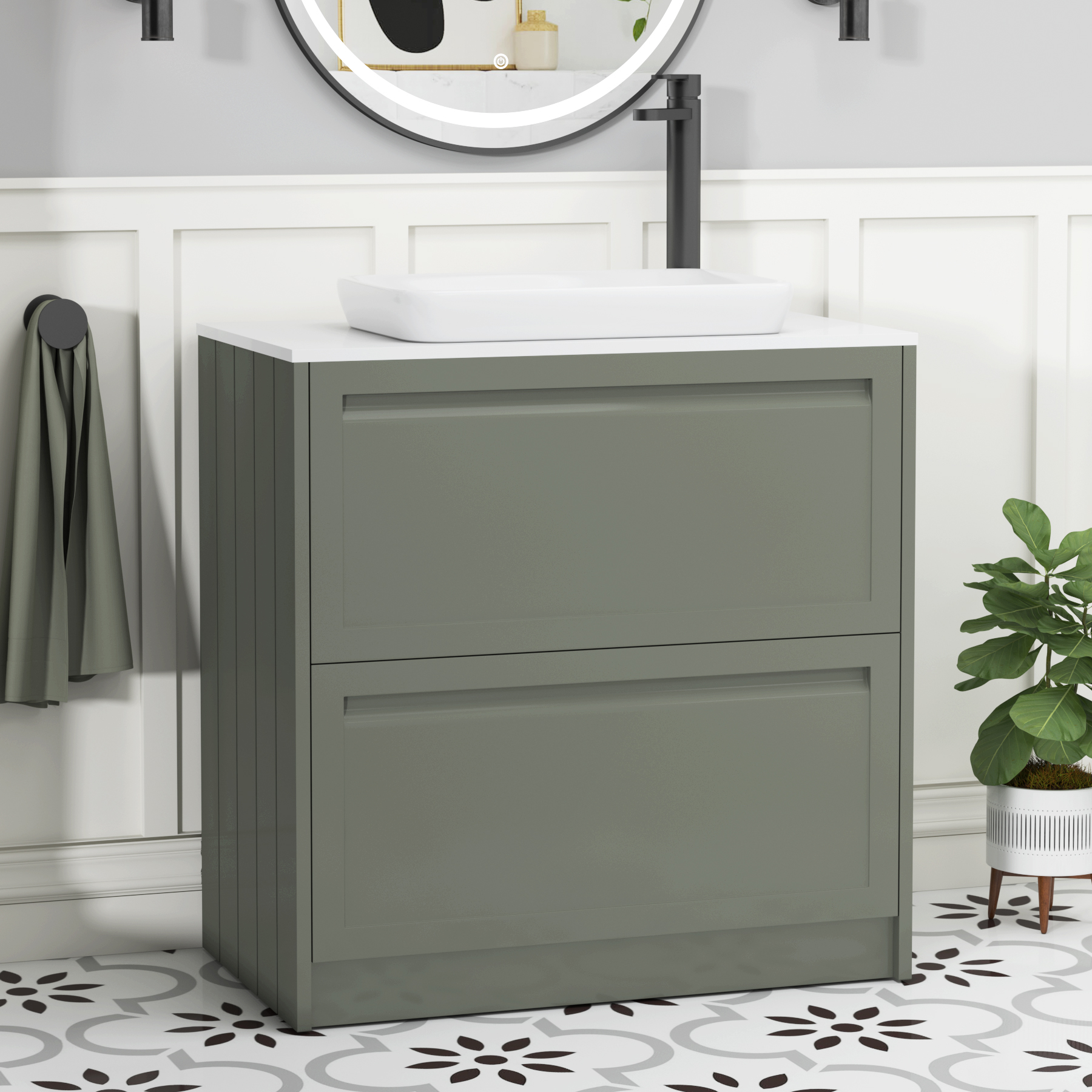 Elmore Matt Green 2 Drawer Floor Standing Vanity Unit with Plain White Worktop & Various Countertop Basins