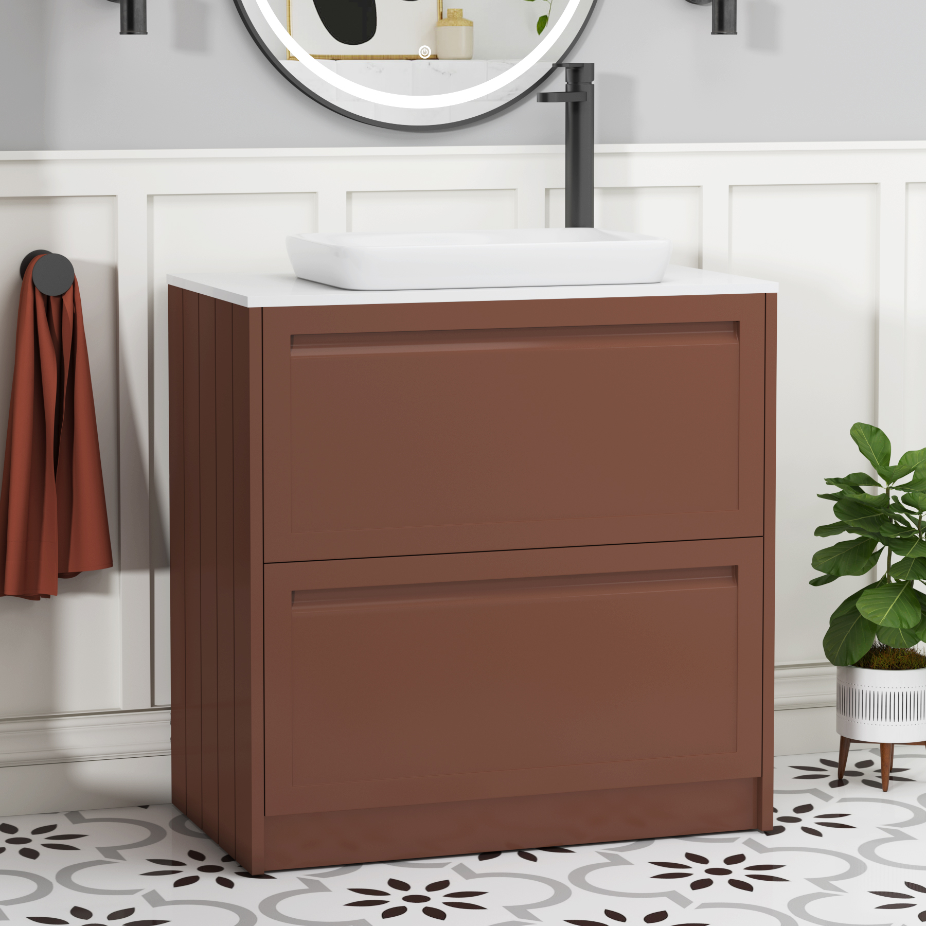 Elmore Terracotta Clay 2 Drawer Floor Standing Vanity Unit with Plain White Worktop & Various Countertop Basins