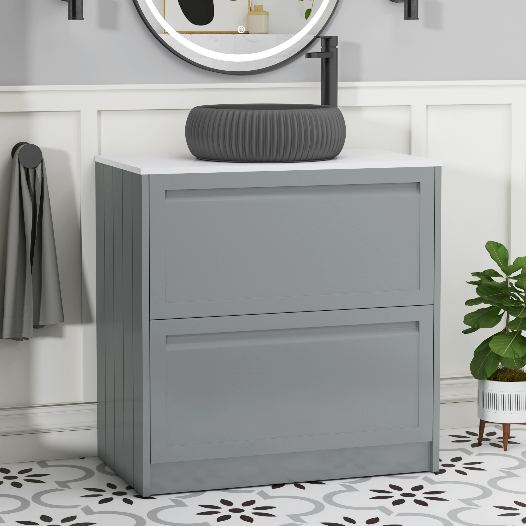 Elmore Matt Pebble Grey 2 Drawer Floor Standing Vanity Unit with Plain White Worktop & Various Countertop Basins