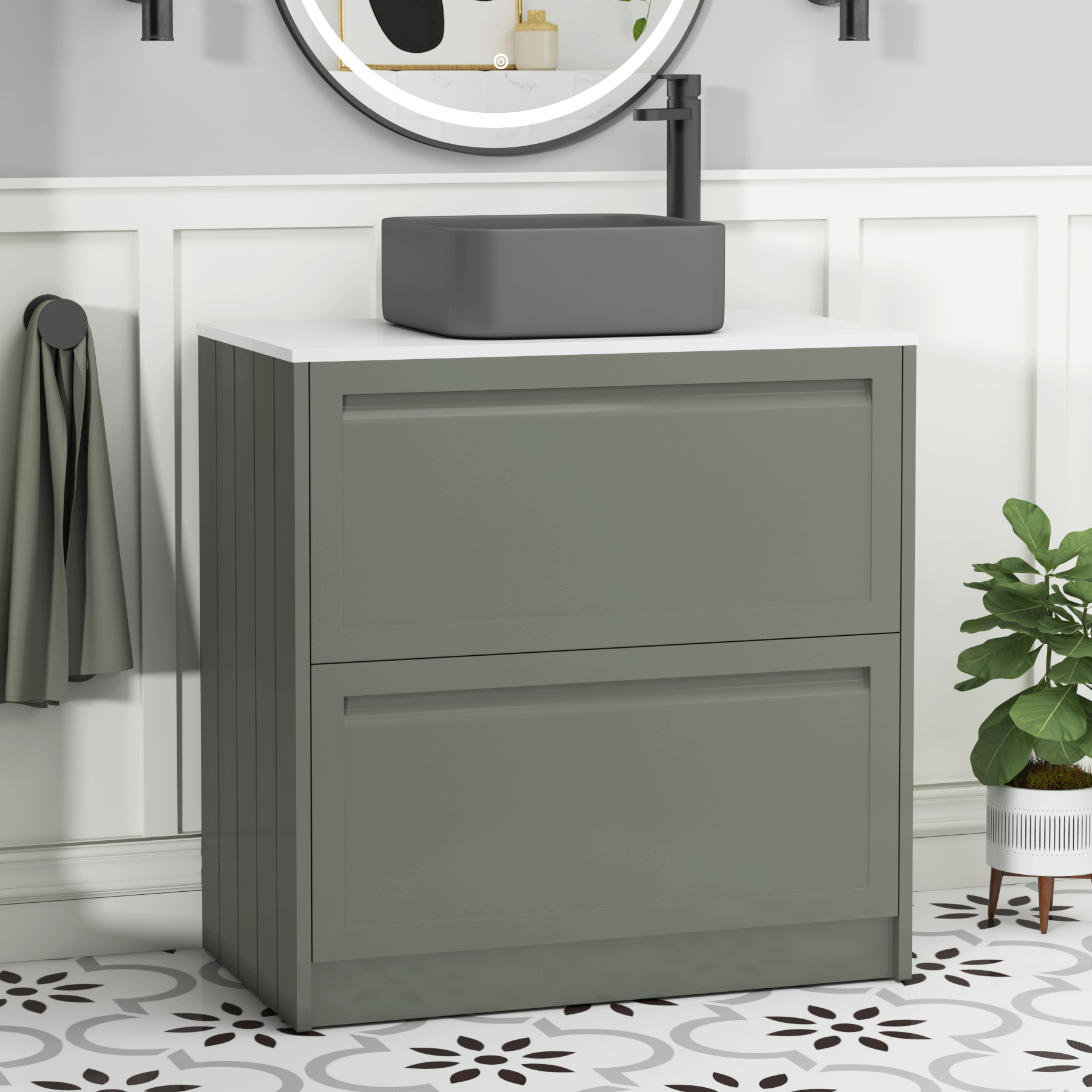 Elmore Matt Green 2 Drawer Floor Standing Vanity Unit with Plain White Worktop & Various Countertop Basins