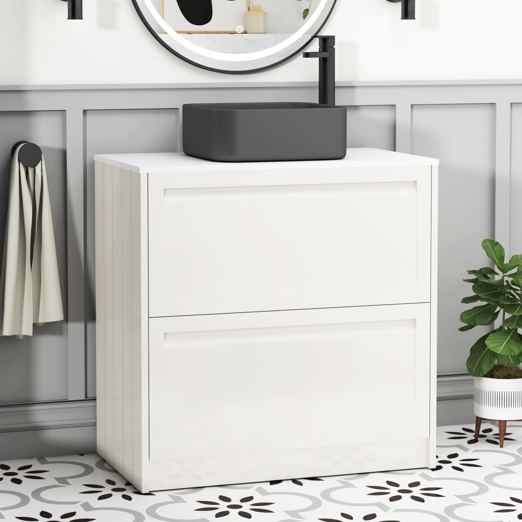 Elmore Classic White 2 Drawer Floor Standing Vanity Unit with Plain White Worktop & Various Countertop Basins