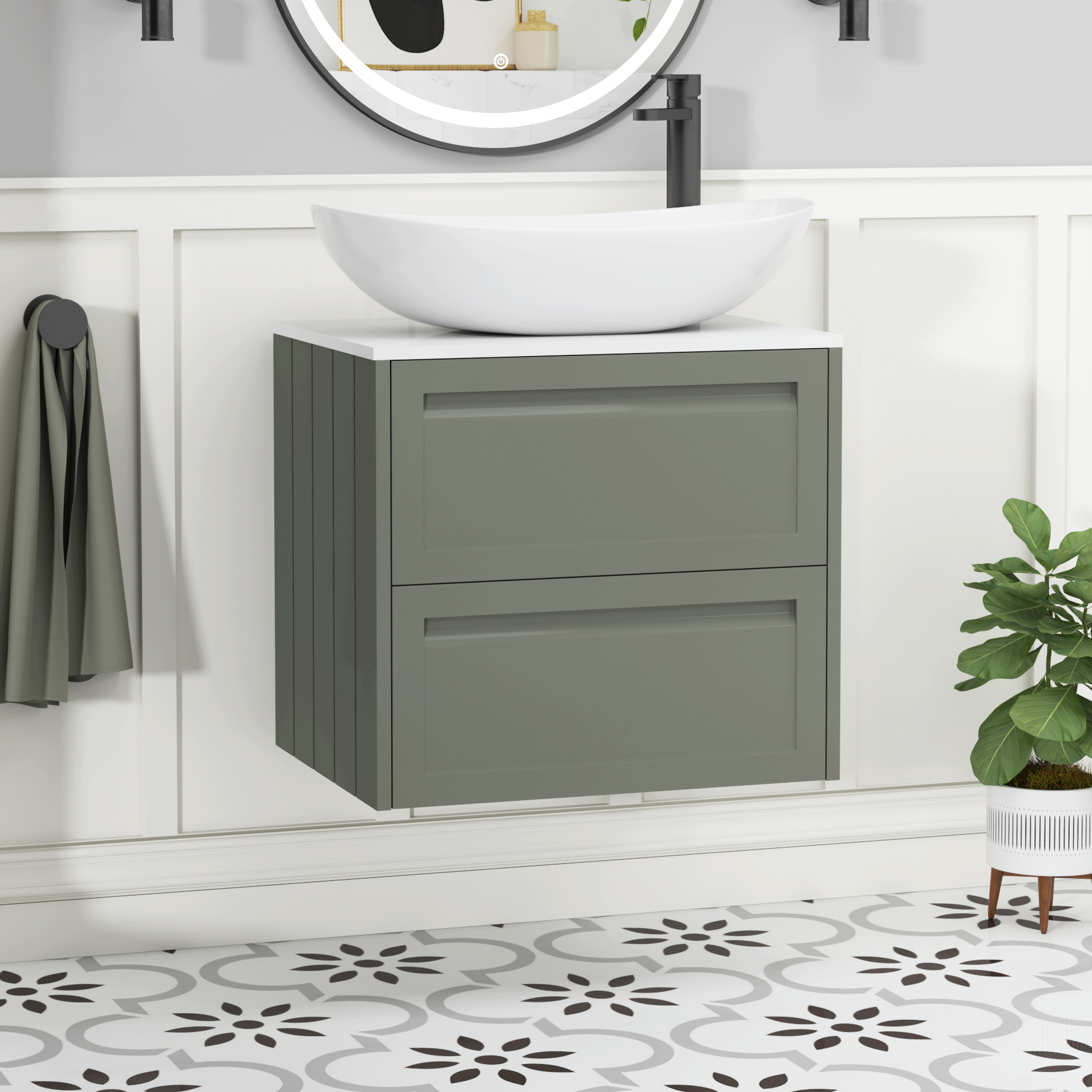 Elmore Matt Green 2 Drawer Wall Hung Vanity Unit with Plain White Worktop & Various Countertop Basins