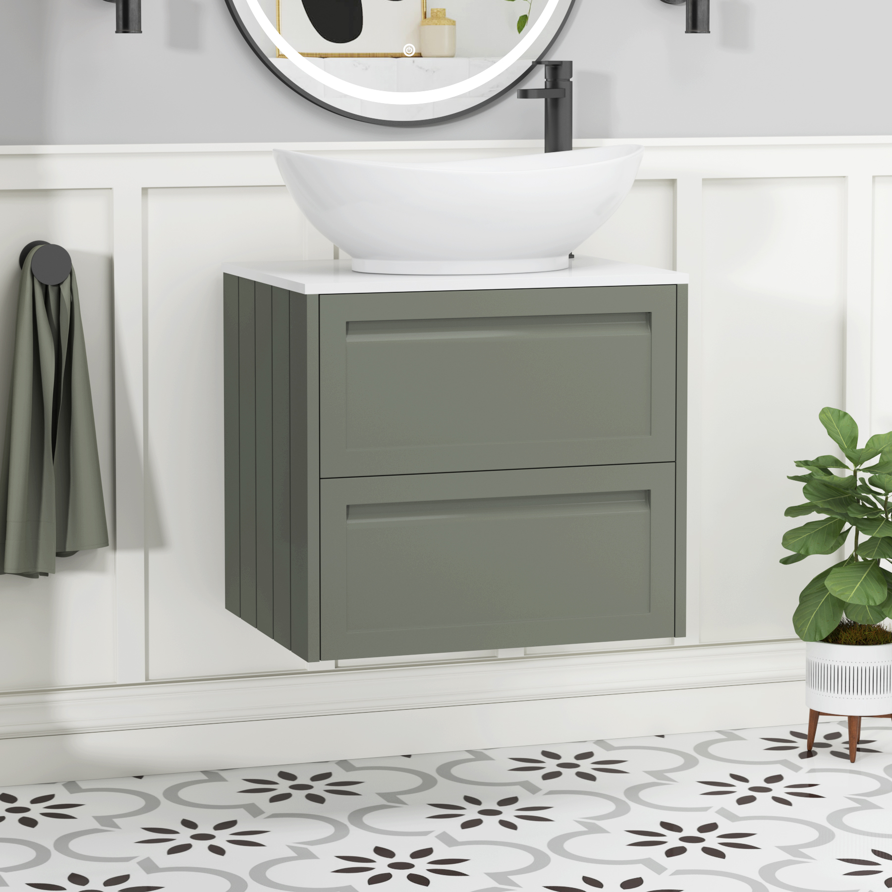 Elmore Matt Green 2 Drawer Wall Hung Vanity Unit with Plain White Worktop & Various Countertop Basins