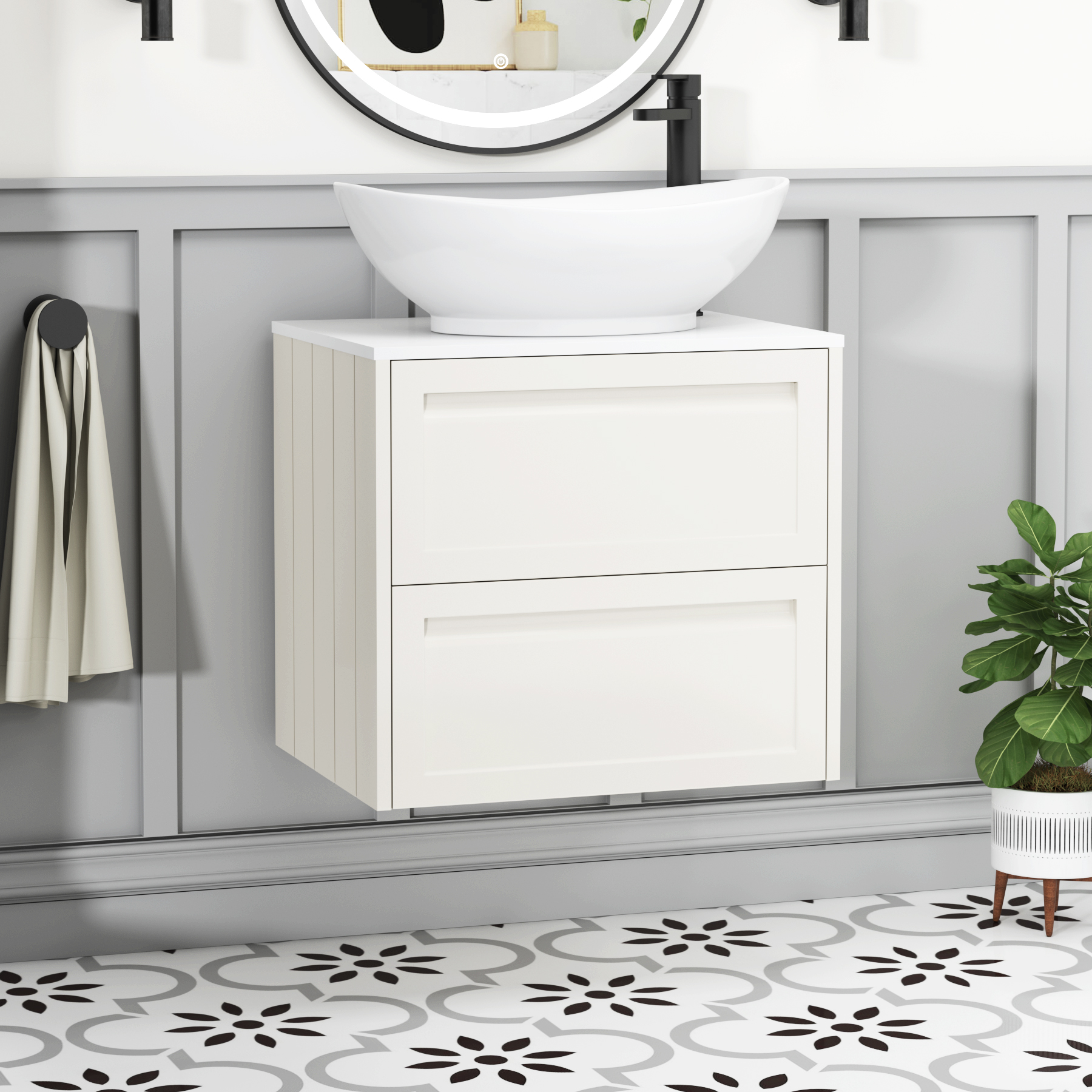 Elmore Classic White 2 Drawer Wall Hung Vanity Unit with Plain White Worktop & Various Countertop Basins
