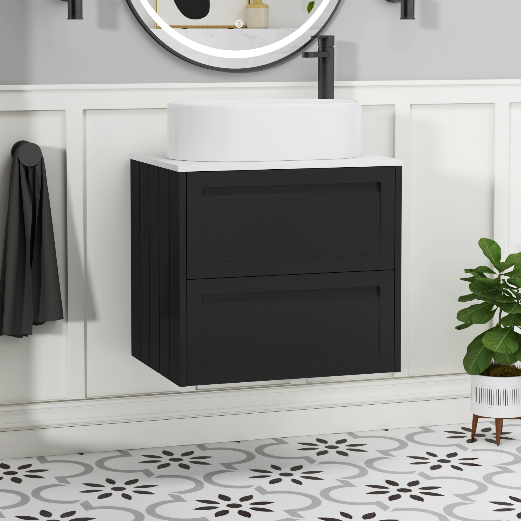 Elmore Matt Nocturne Black 2 Drawer Wall Hung Vanity Unit with Plain White Worktop & Various Countertop Basins