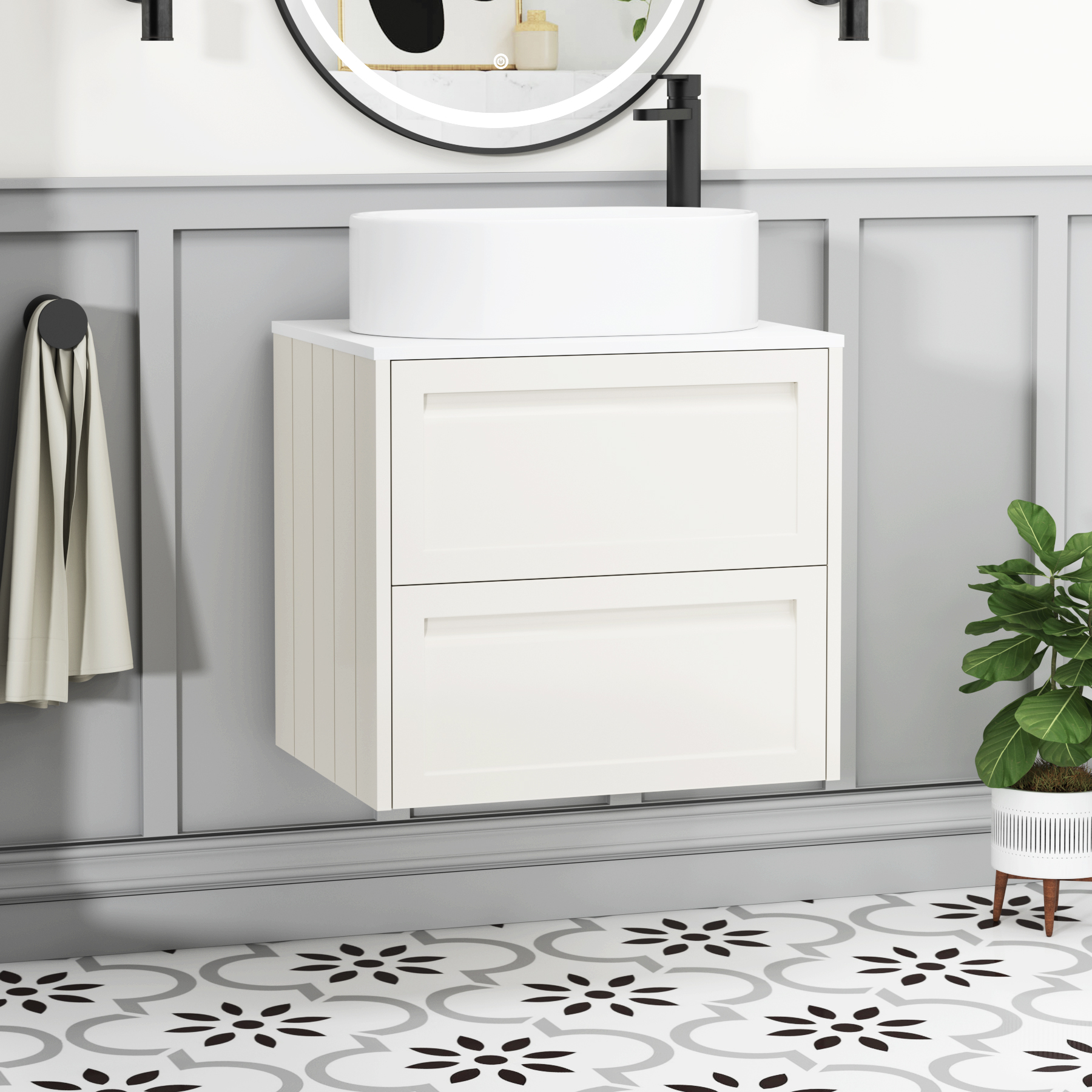 Elmore Classic White 2 Drawer Wall Hung Vanity Unit with Plain White Worktop & Various Countertop Basins