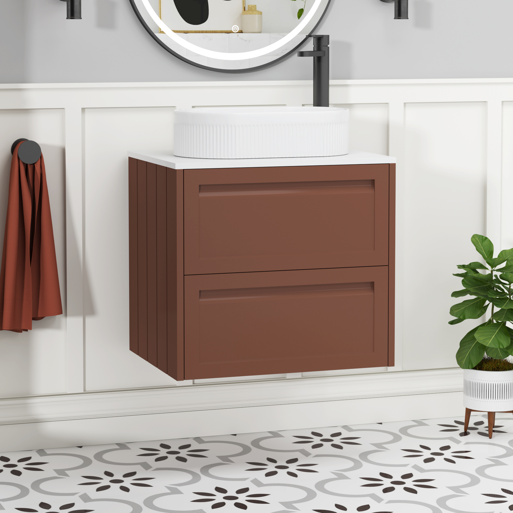 Elmore Terracotta Clay 2 Drawer Wall Hung Vanity Unit with Plain White Worktop & Various Countertop Basins