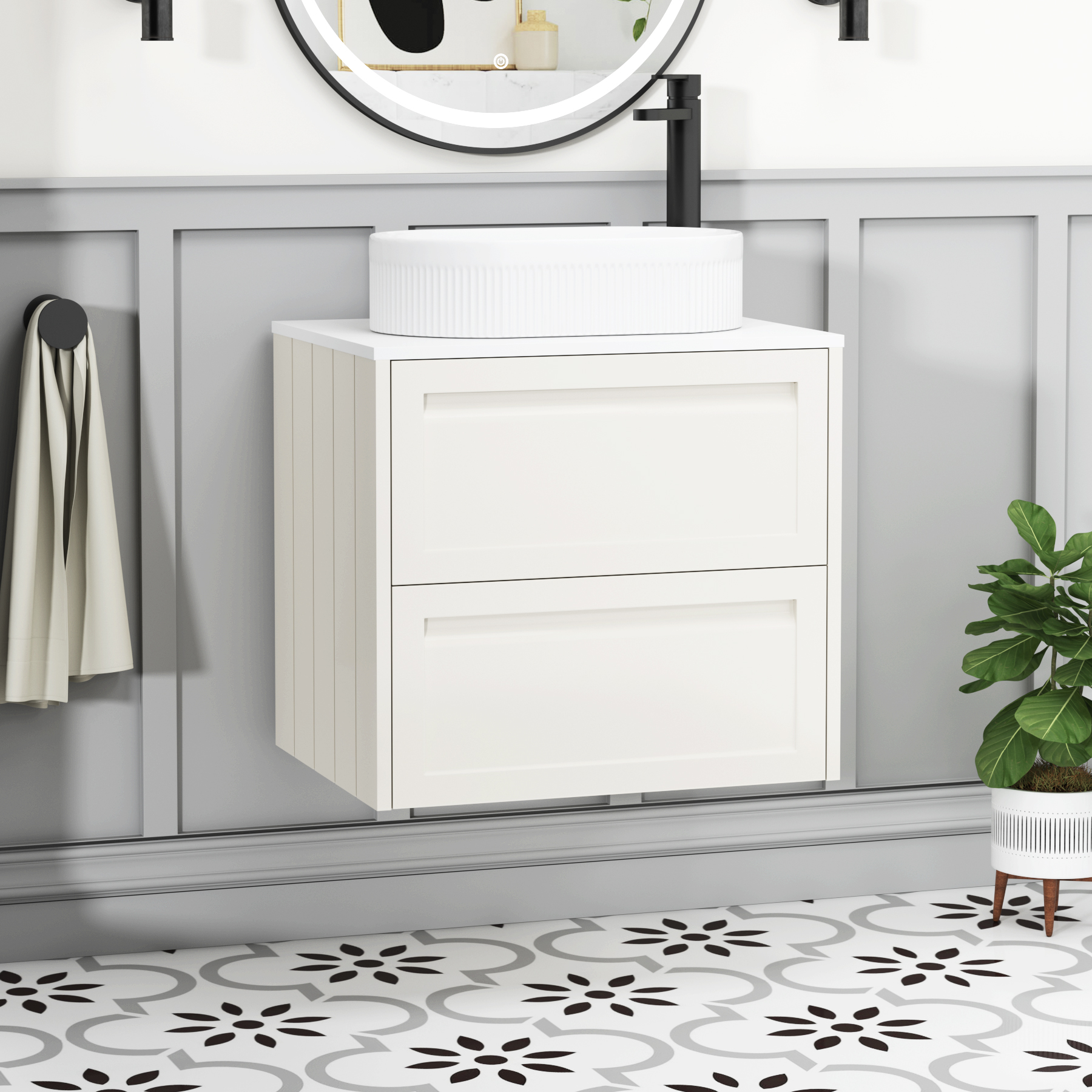 Elmore Classic White 2 Drawer Wall Hung Vanity Unit with Plain White Worktop & Various Countertop Basins