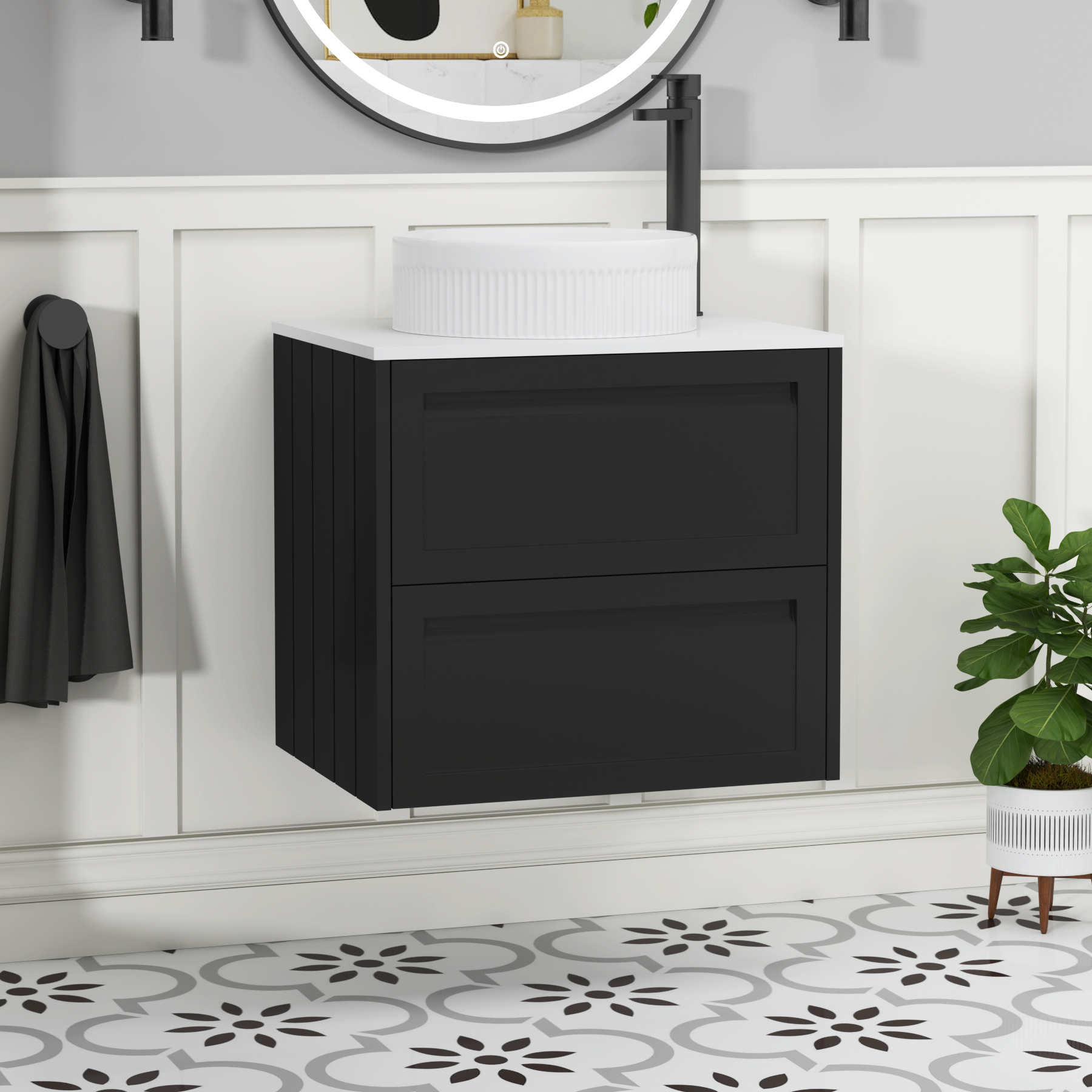 Elmore Matt Nocturne Black 2 Drawer Wall Hung Vanity Unit with Plain White Worktop & Various Countertop Basins