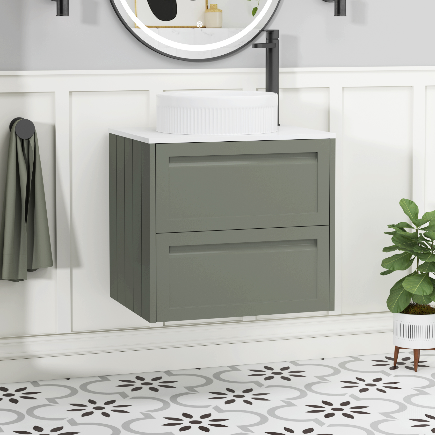 Elmore Matt Green 2 Drawer Wall Hung Vanity Unit with Plain White Worktop & Various Countertop Basins
