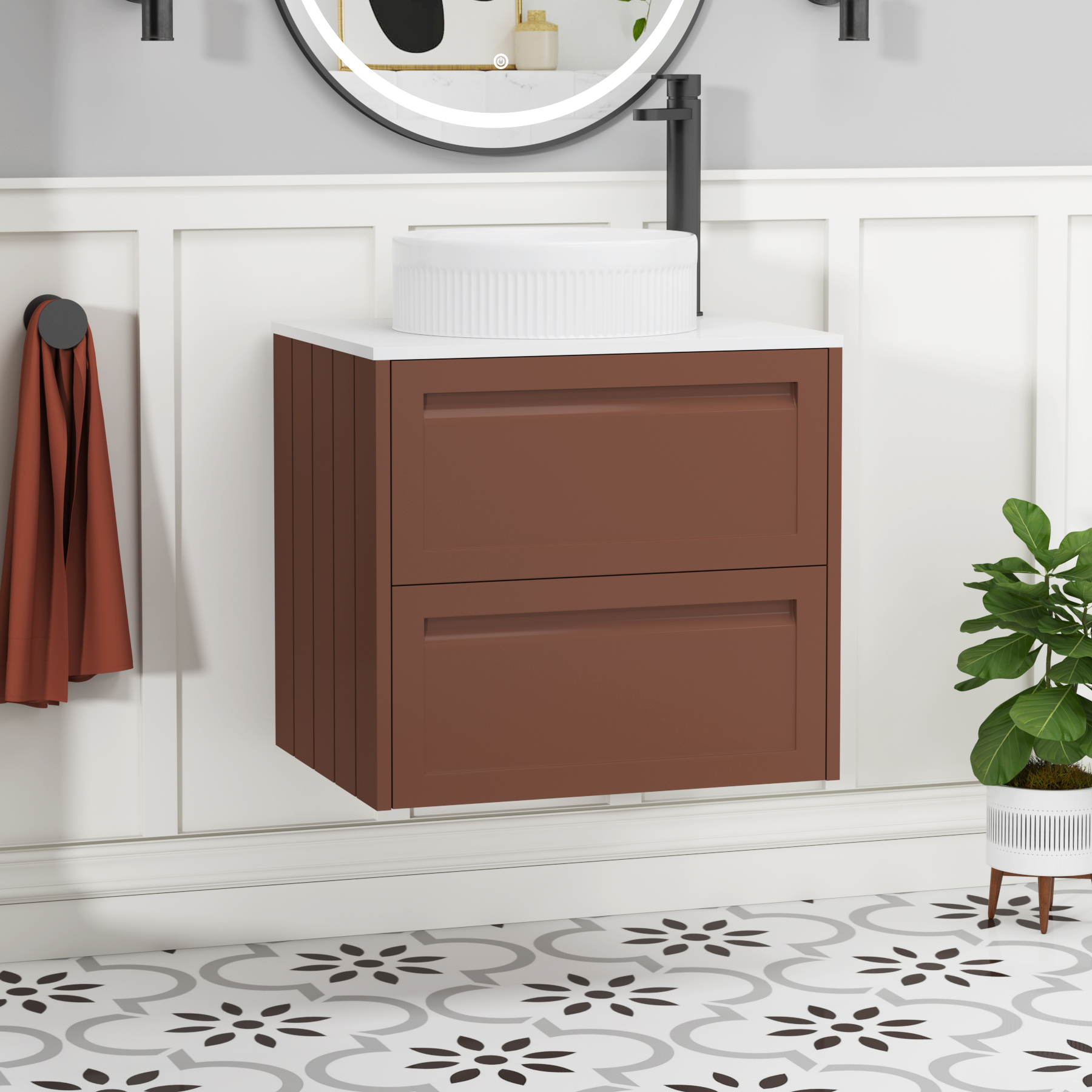 Elmore Terracotta Clay 2 Drawer Wall Hung Vanity Unit with Plain White Worktop & Various Countertop Basins