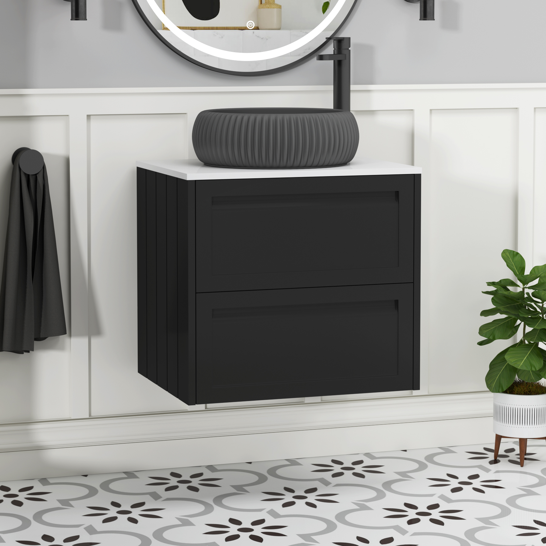 Elmore Matt Nocturne Black 2 Drawer Wall Hung Vanity Unit with Plain White Worktop & Various Countertop Basins