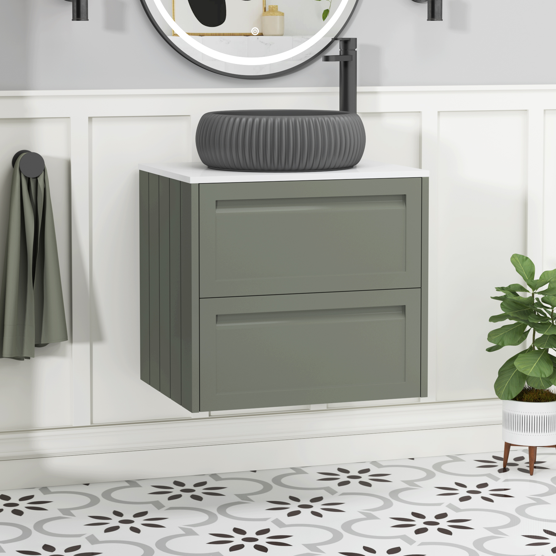 Elmore Matt Green 2 Drawer Wall Hung Vanity Unit with Plain White Worktop & Various Countertop Basins