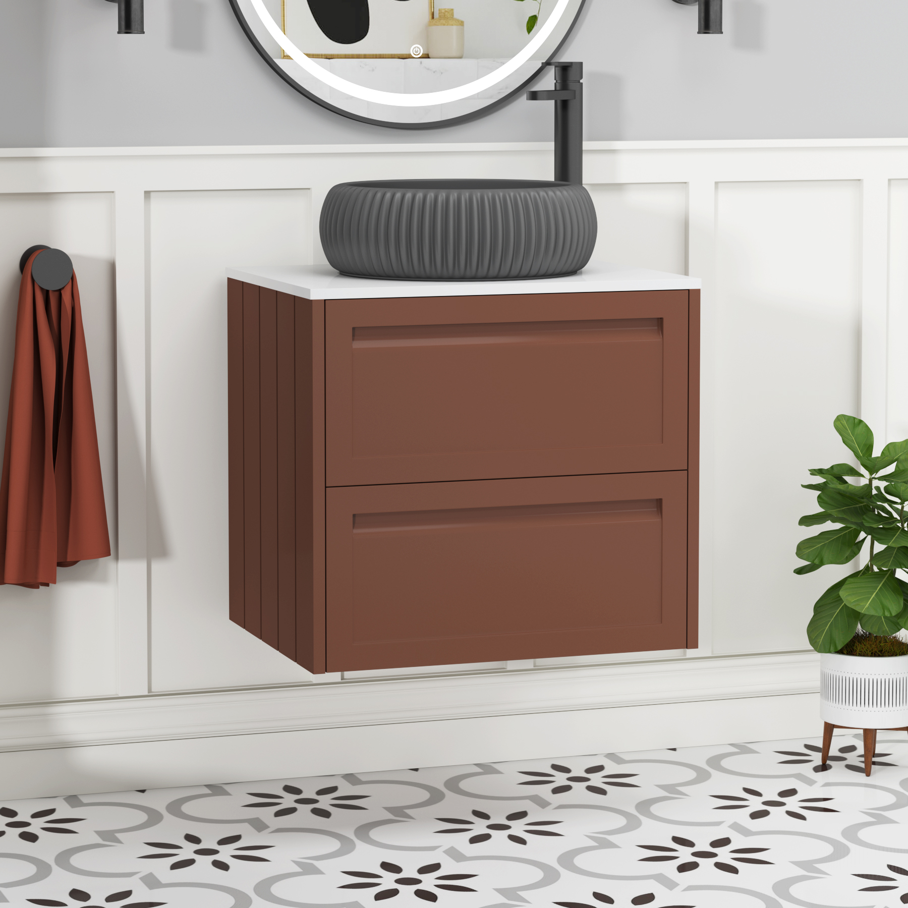 Elmore Terracotta Clay 2 Drawer Wall Hung Vanity Unit with Plain White Worktop & Various Countertop Basins