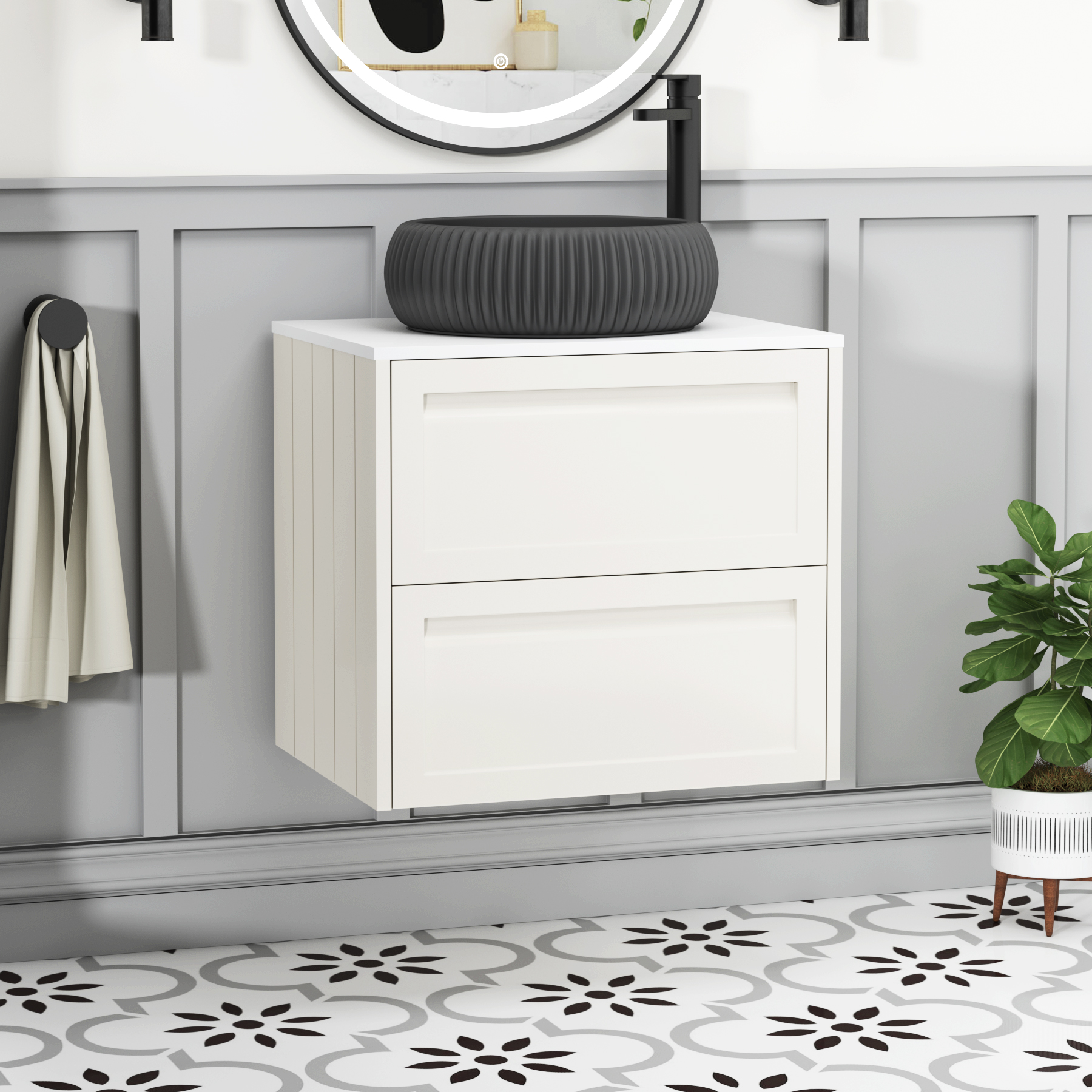 Elmore Classic White 2 Drawer Wall Hung Vanity Unit with Plain White Worktop & Various Countertop Basins