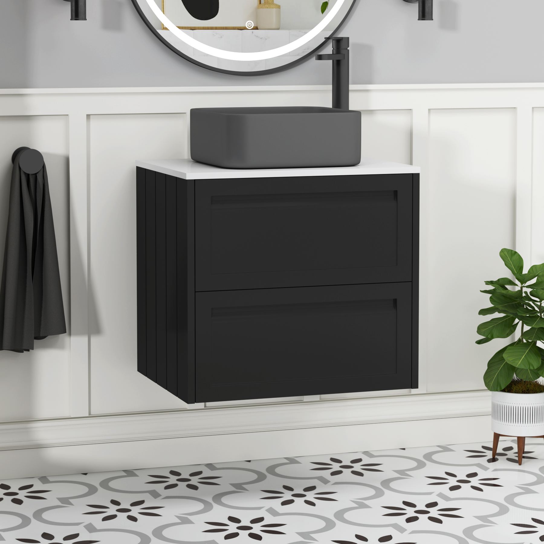 Elmore Matt Nocturne Black 2 Drawer Wall Hung Vanity Unit with Plain White Worktop & Various Countertop Basins