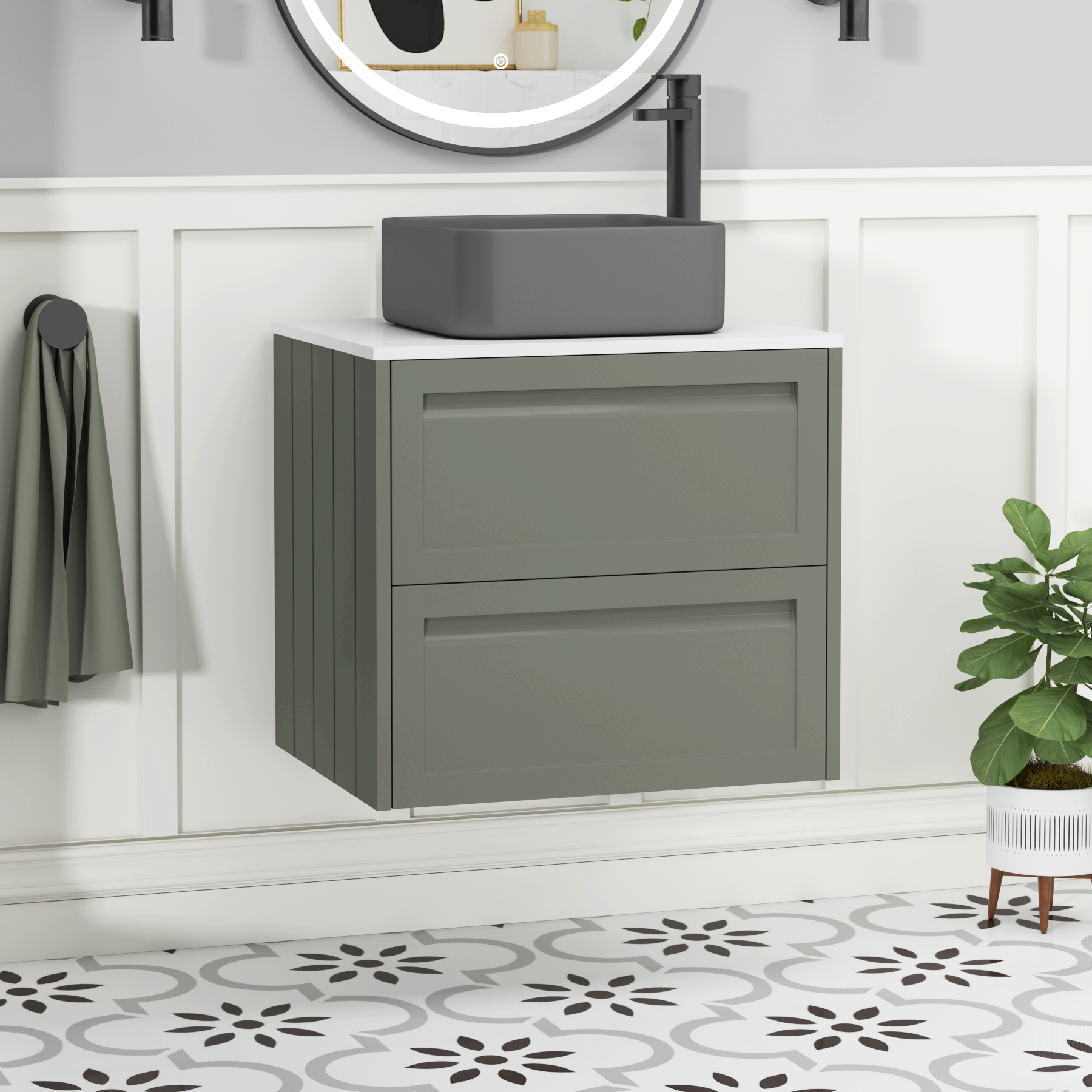 Elmore Matt Green 2 Drawer Wall Hung Vanity Unit with Plain White Worktop & Various Countertop Basins