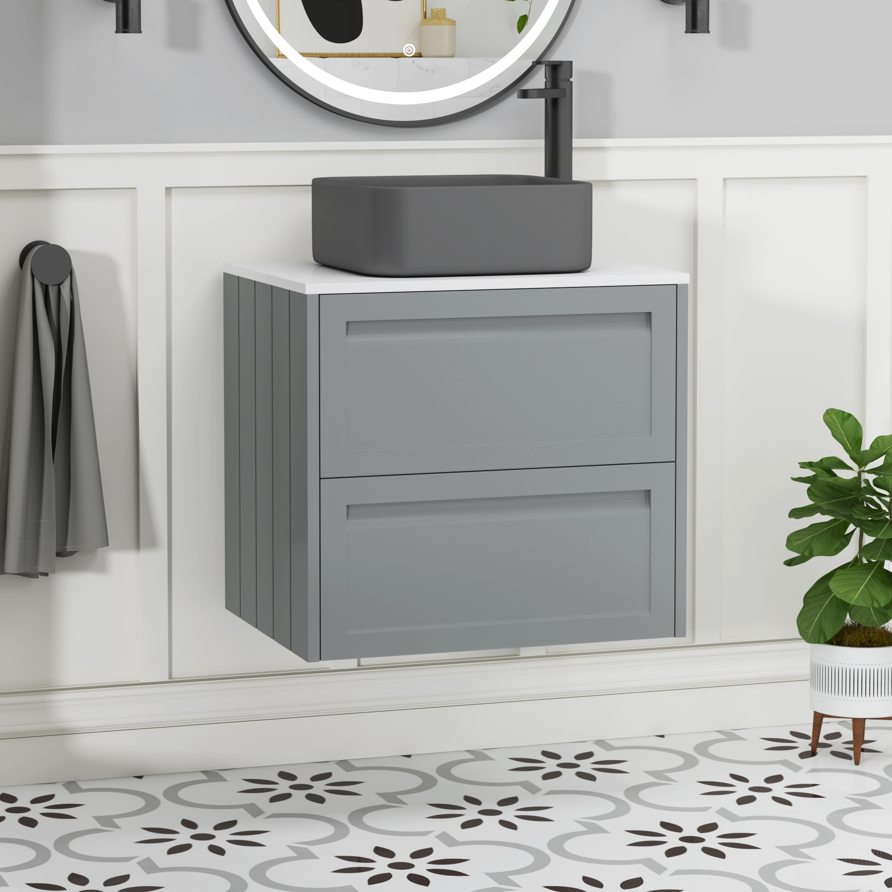 Elmore Matt Pebble Grey 2 Drawer Wall Hung Vanity Unit with Plain White Worktop & Various Countertop Basins