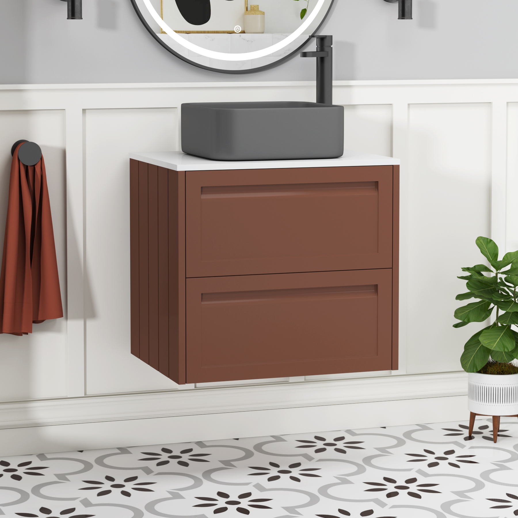 Elmore Terracotta Clay 2 Drawer Wall Hung Vanity Unit with Plain White Worktop & Various Countertop Basins