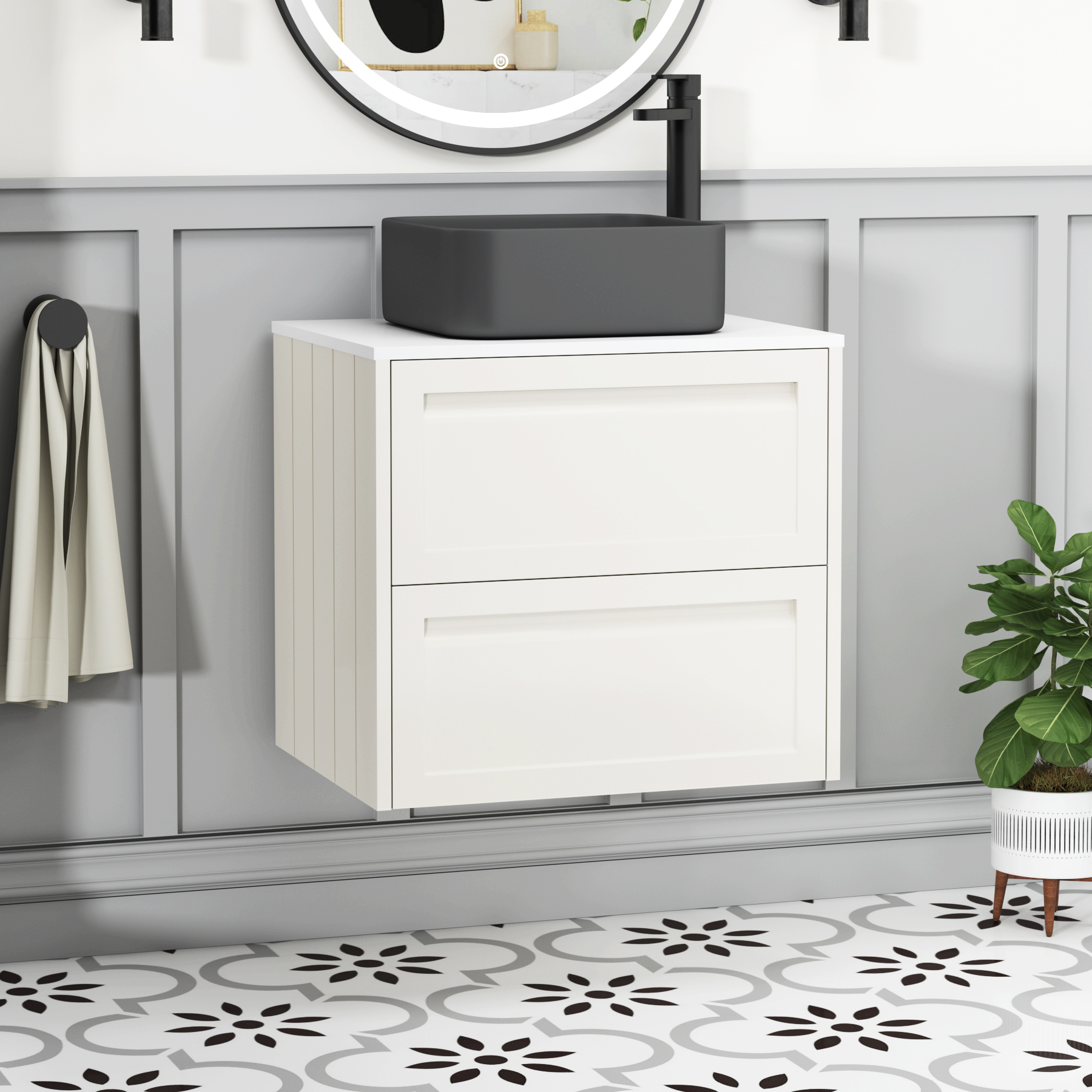 Elmore Classic White 2 Drawer Wall Hung Vanity Unit with Plain White Worktop & Various Countertop Basins