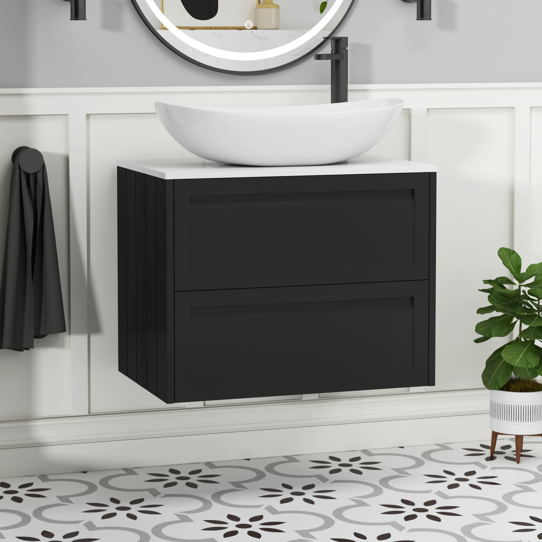 Elmore Matt Nocturne Black 2 Drawer Wall Hung Vanity Unit with Plain White Worktop & Various Countertop Basins